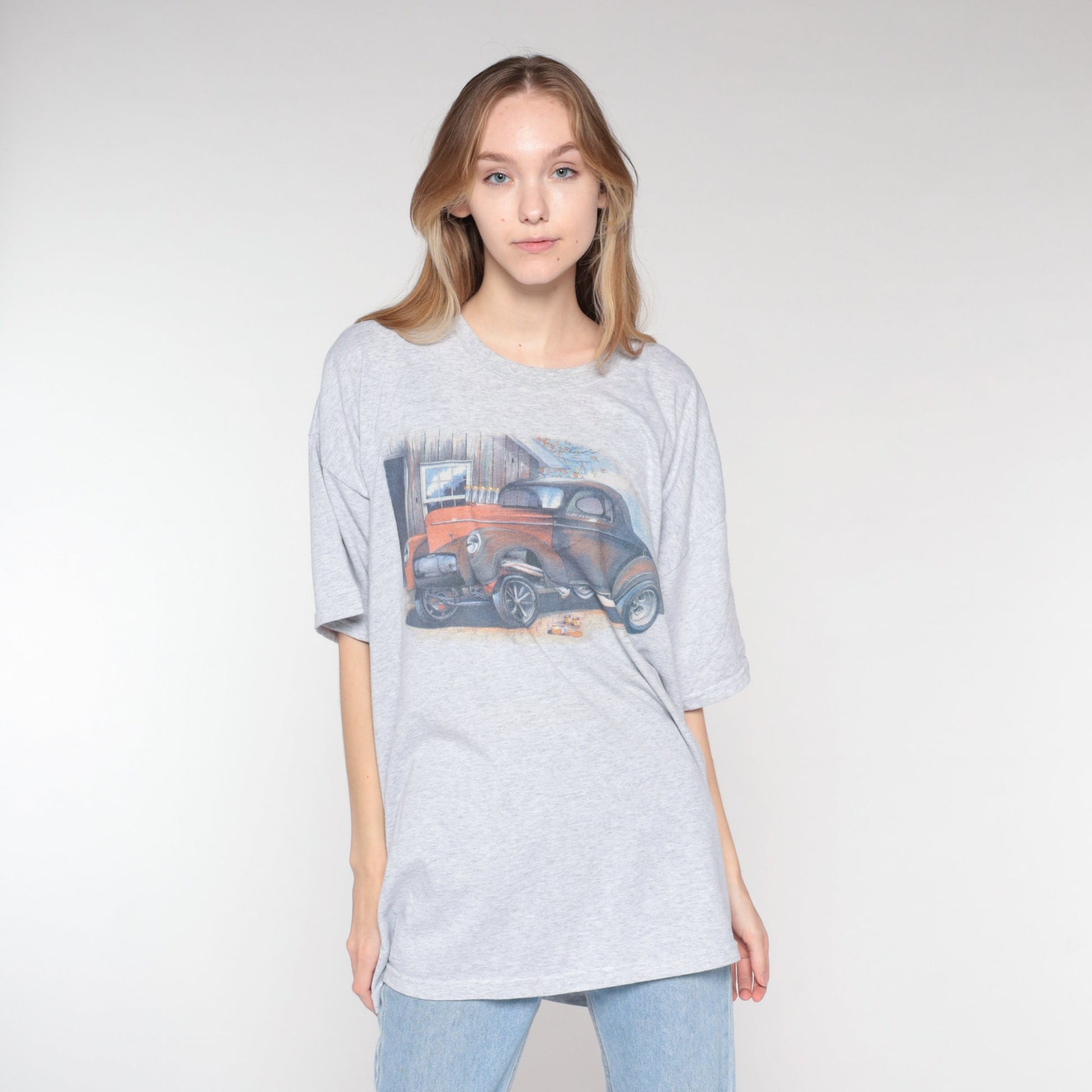 90s Jerzees Classic Car Graphic Tee Heather Grey Single Stitch Extra Extra Large XXL