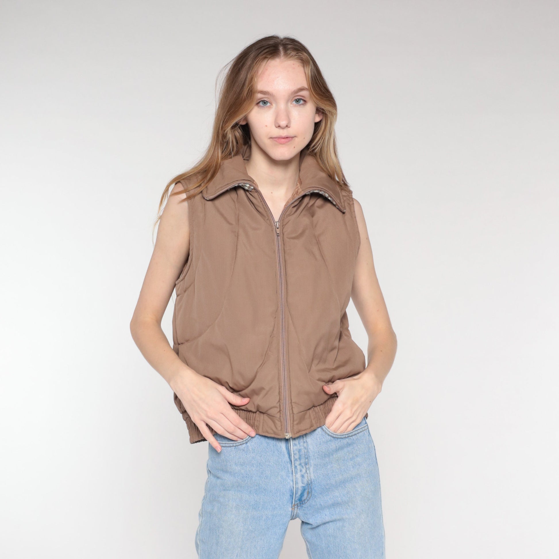 80s Brown Quilted Puffer Vest Zip Knit Collar Sleeveless Medium