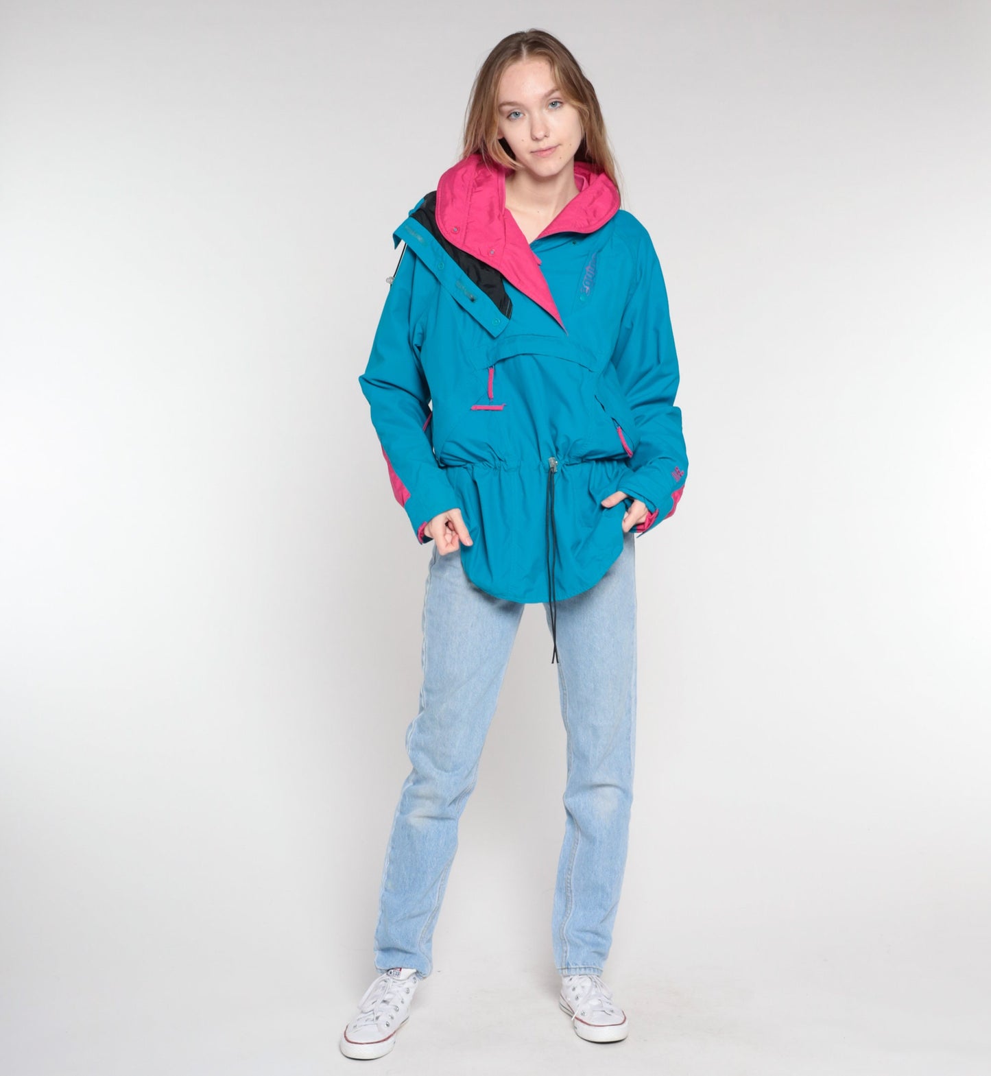 80s Blue Pink Hooded Ski Jacket Pullover Windbreaker Nylon Medium M