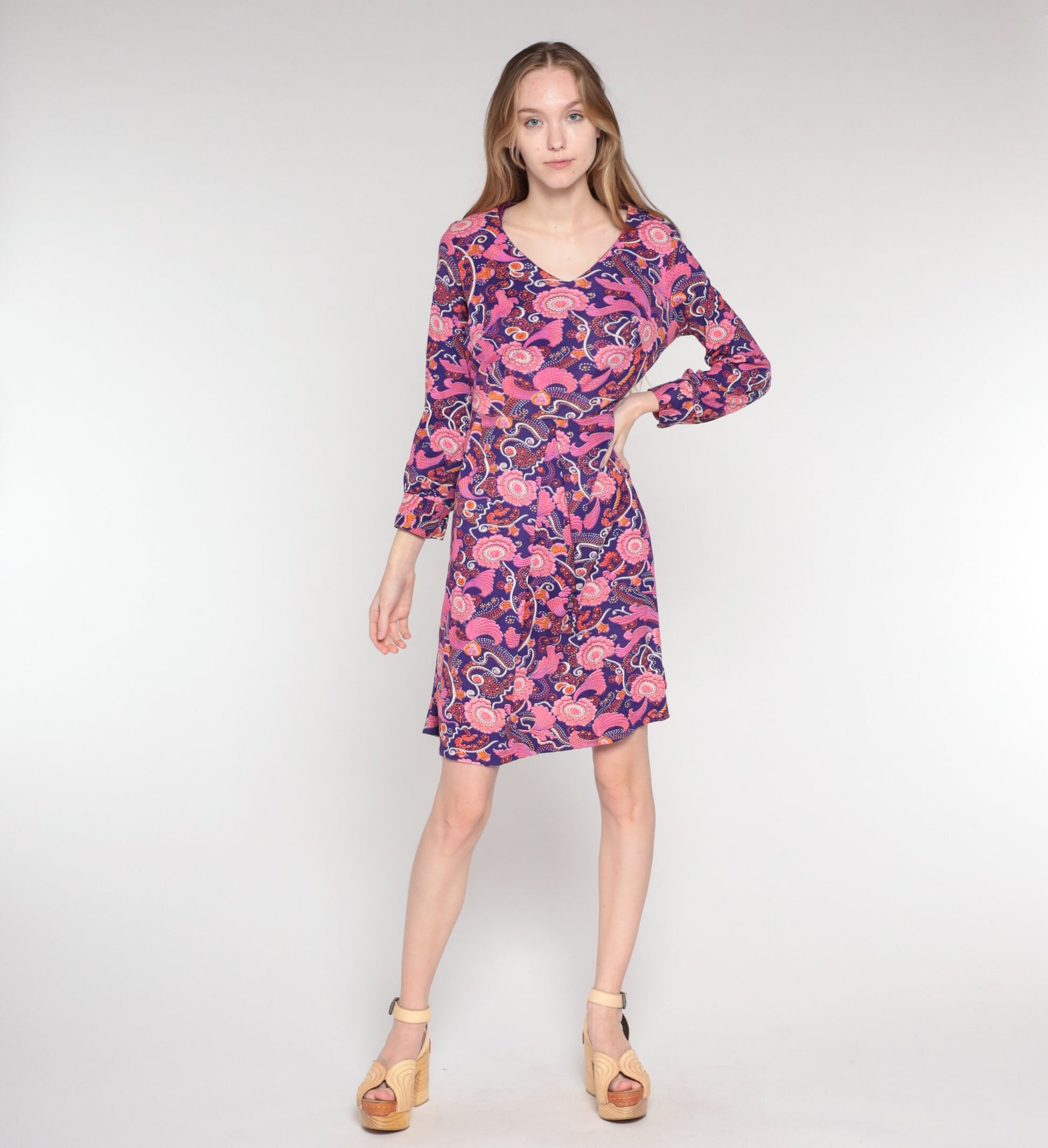 70s Purple Pink Floral Mini Dress Long Sleeve V-Neck Small S
