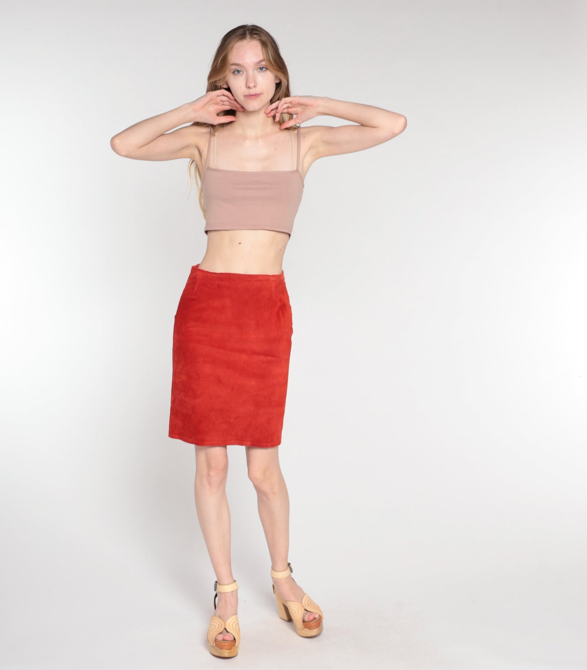 90s Rust Orange Suede Mini Skirt High Waist Pencil Cut Extra Small