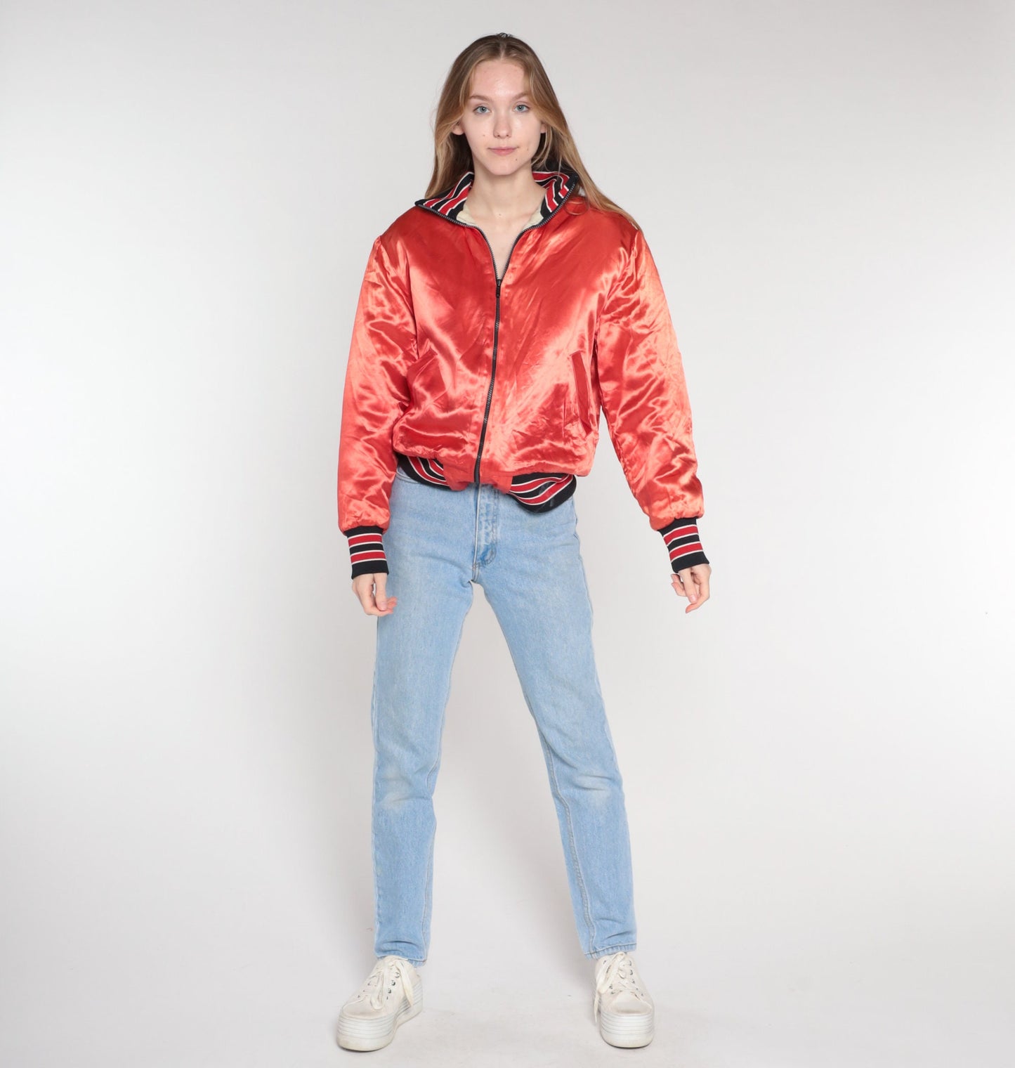 80s Red-Orange Baseball Bomber Jacket Quilted Lining Zip Up Medium