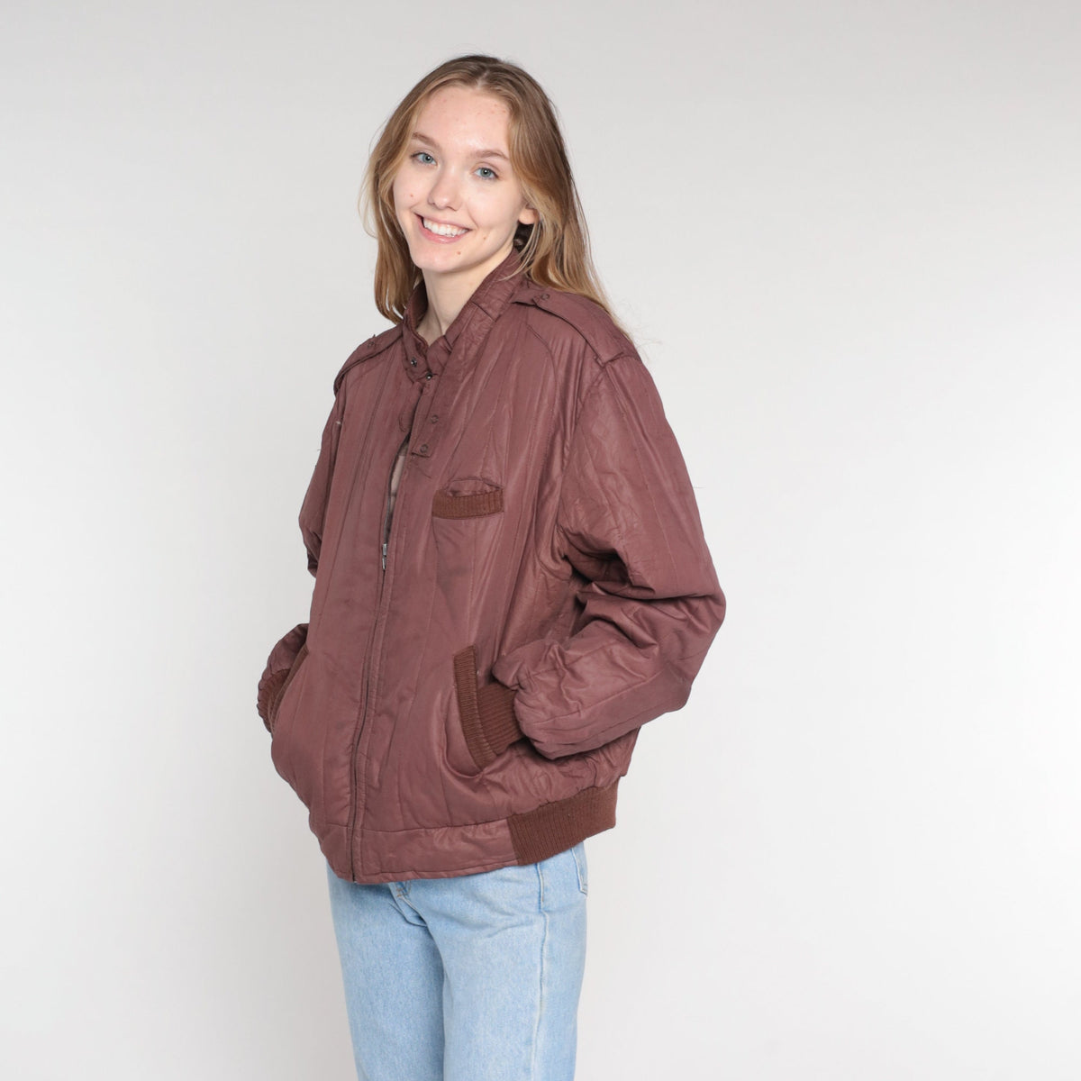 80s Members Only Brown Quilted Windbreaker Jacket Zip Bomber Medium