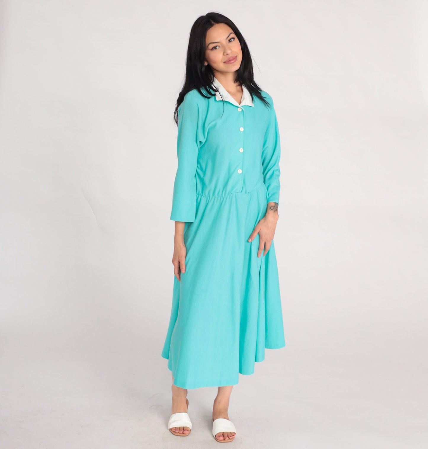 80s Mint Blue Shirtwaist Midi Dress High Waisted Button Up 3/4 Sleeve Large