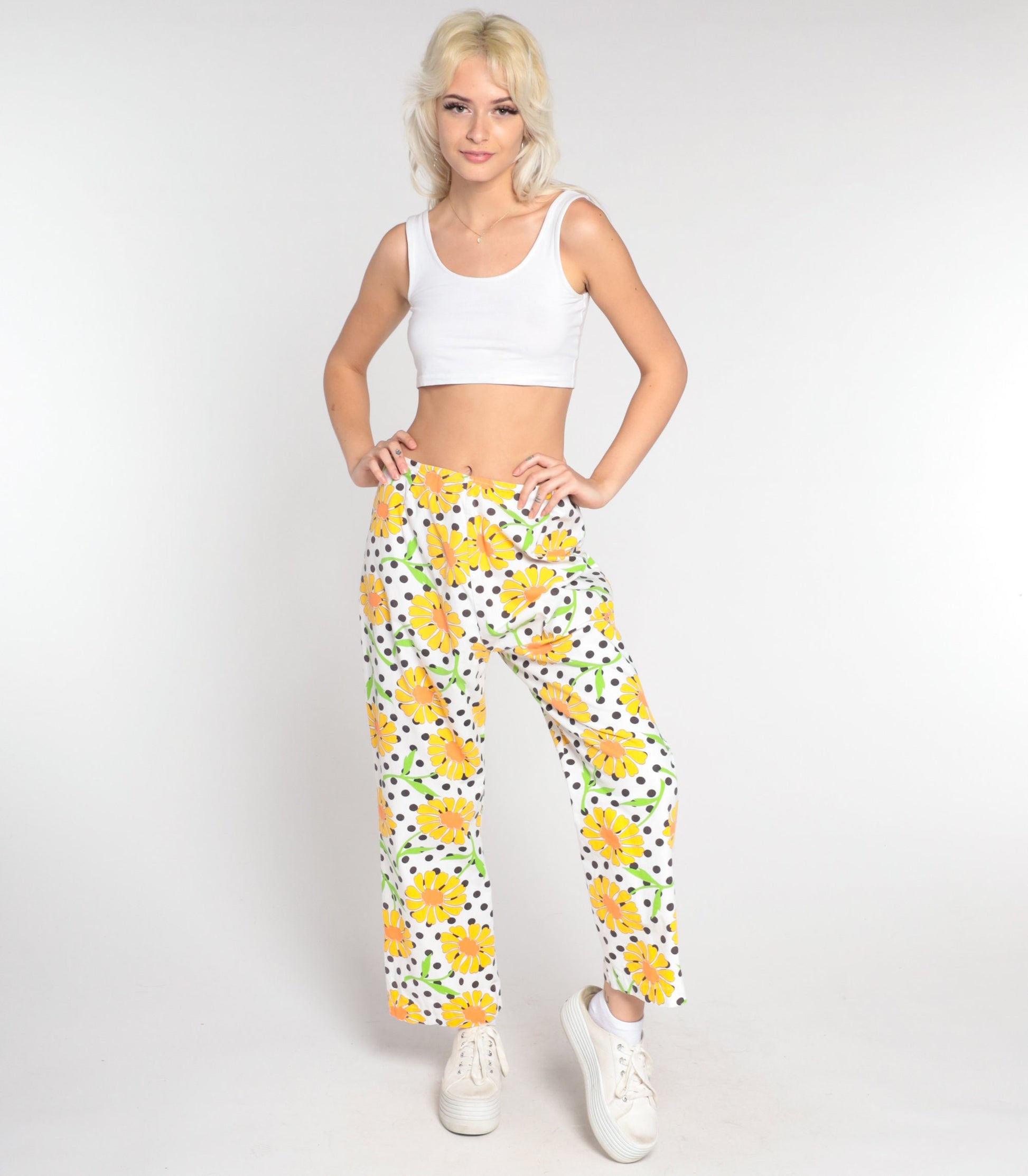 70s White Floral Straight Leg Pants High Waisted Cotton Medium
