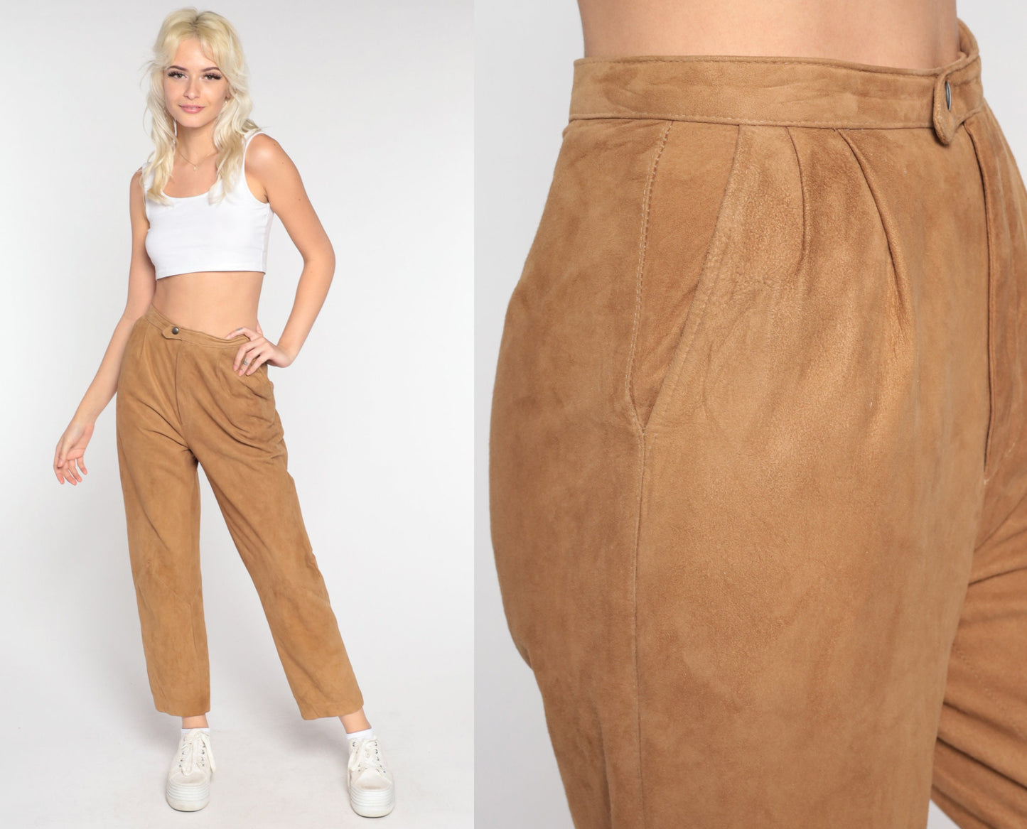 80s Brown Suede Leather Pants Straight Leg High Waist Small