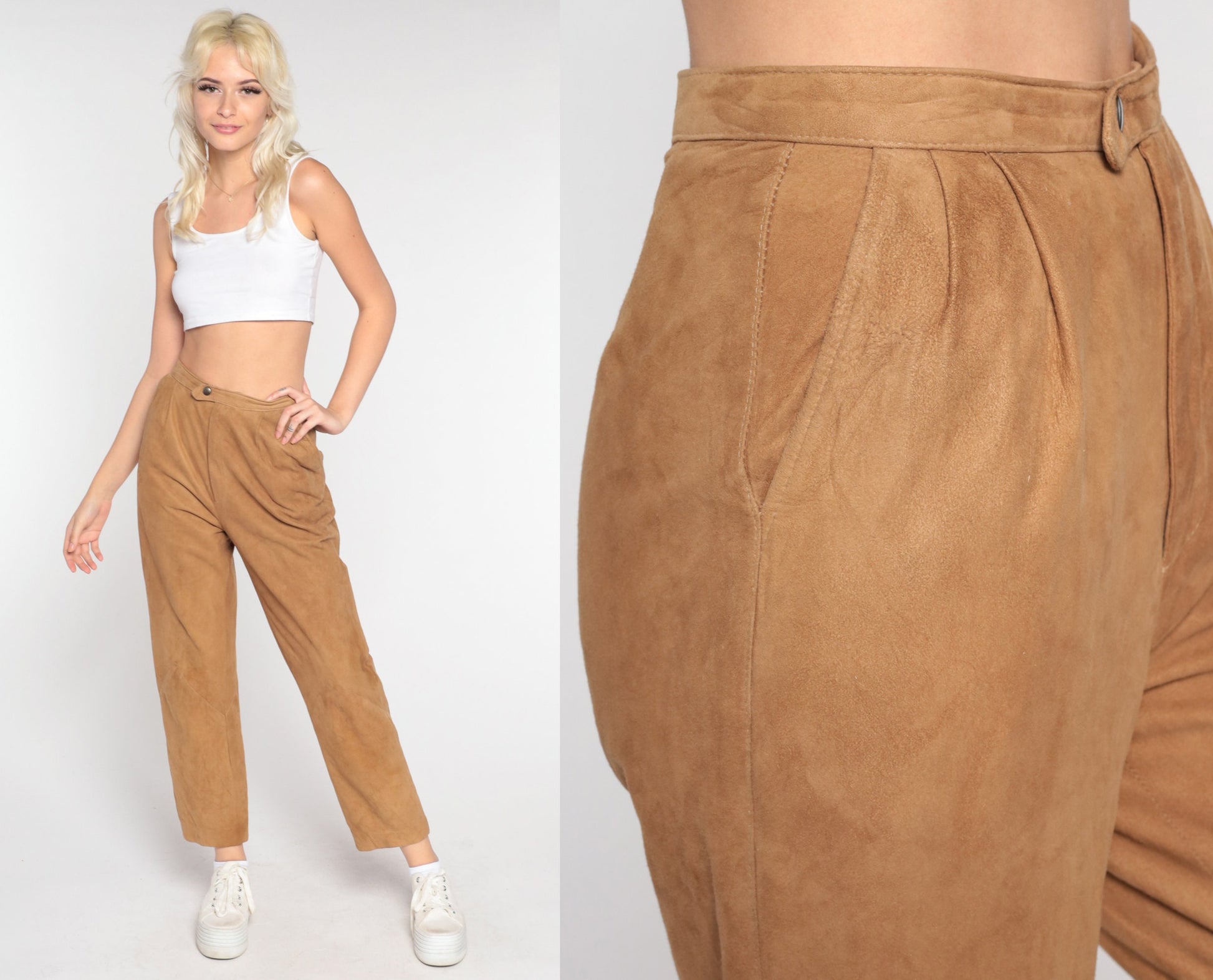 80s Brown Suede Leather Pants Straight Leg High Waist Small