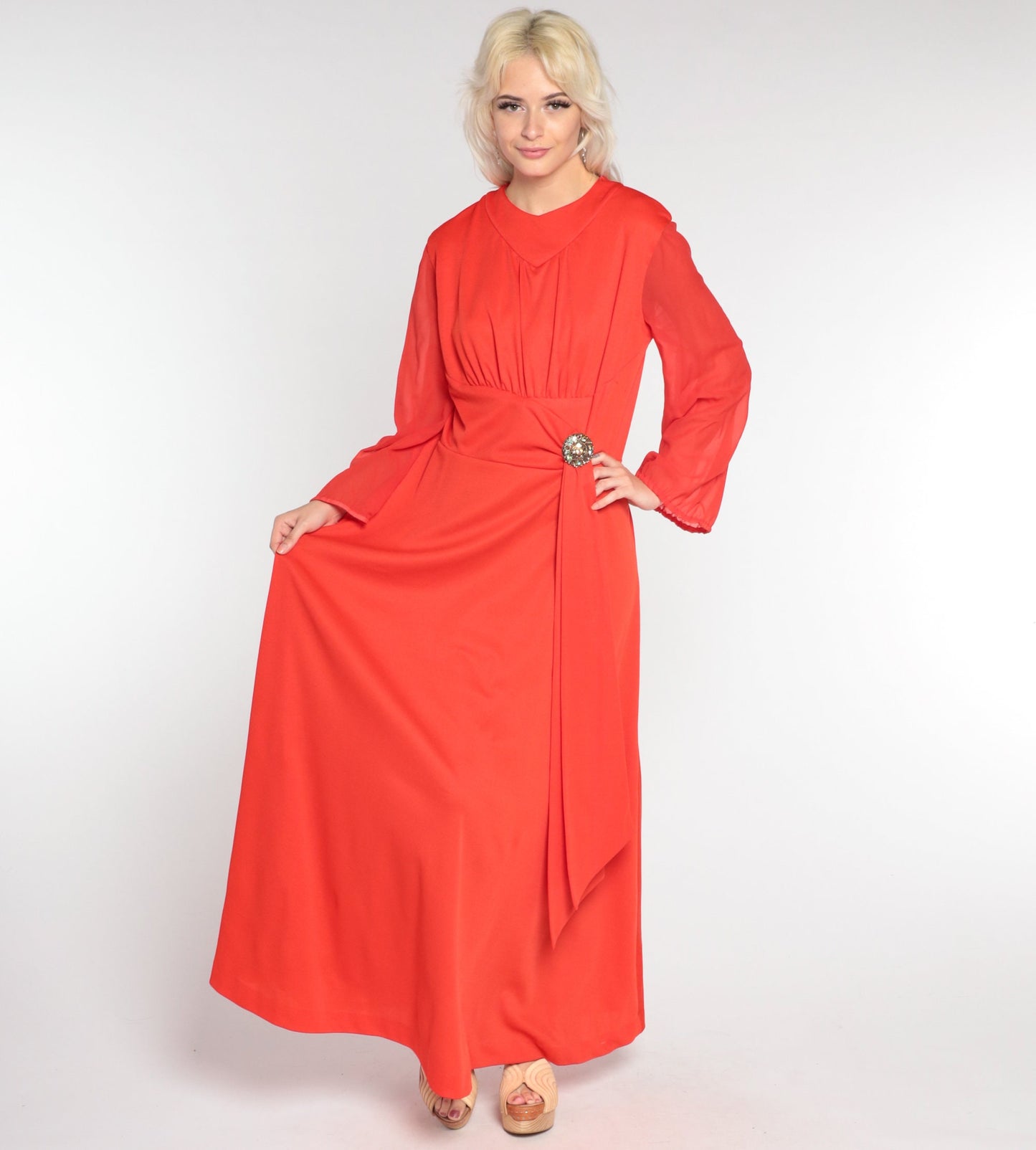 1970s Orange-Red Maxi Dress Rhinestone Sash High Waist Sheer Sleeve Medium