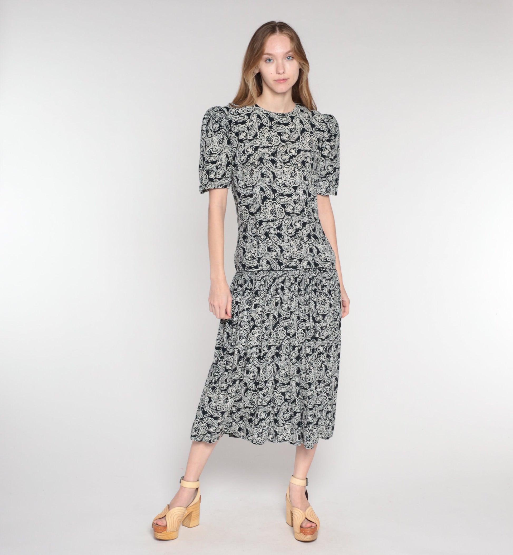 1990s Maggie London Black Paisley Maxi Dress Puff Sleeve Drop Waist Medium 8