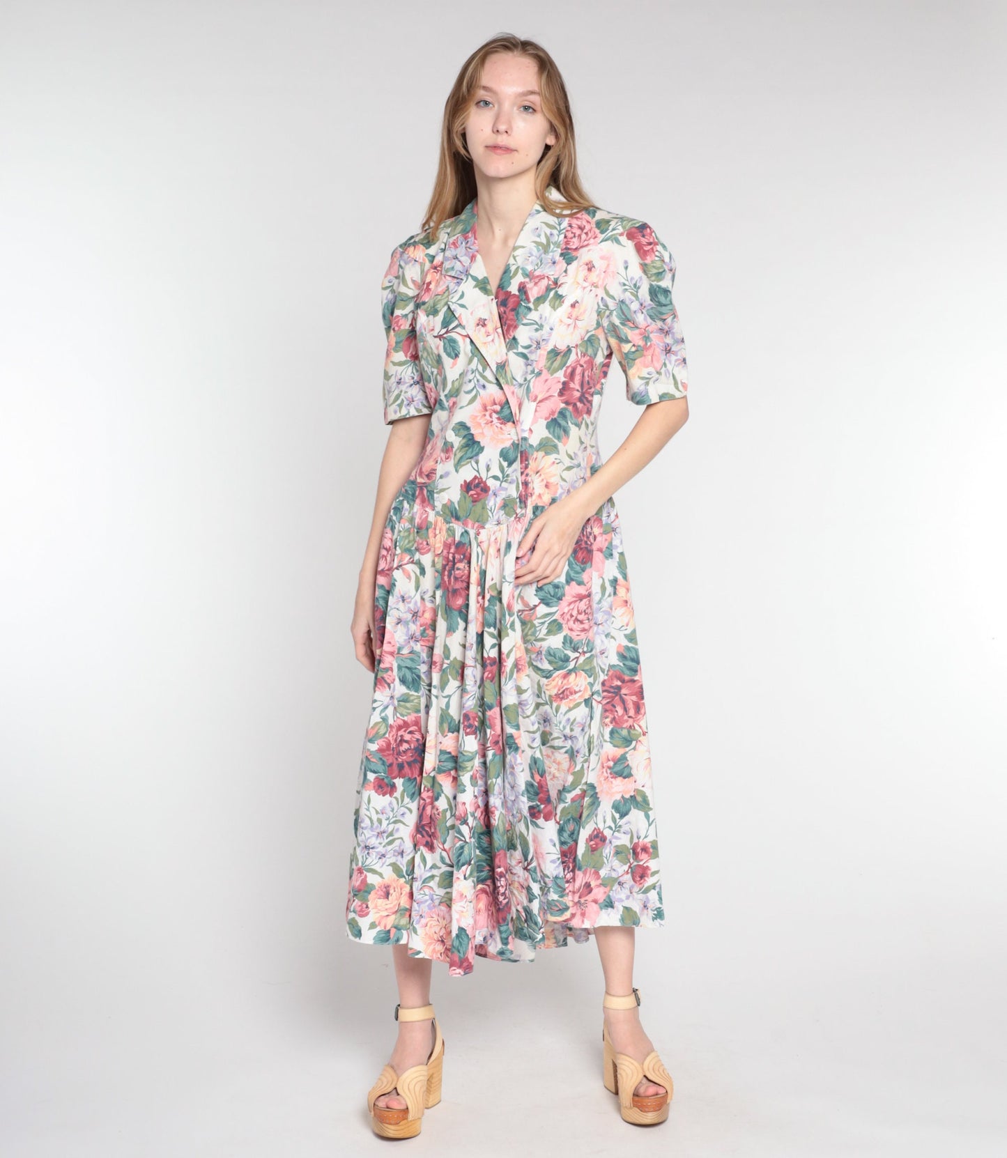 90s Floral Midi Dress Double Breasted Puff Sleeve Basque Waist Cotton Medium