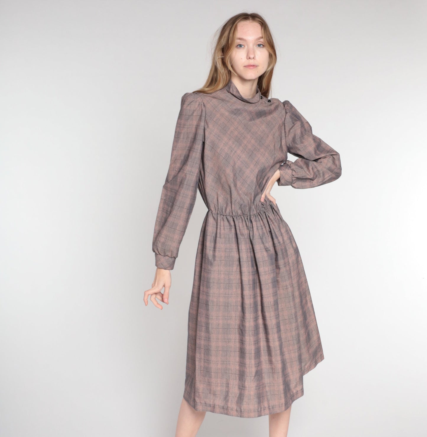 80s Grey Plaid Midi Dress Mock Neck Long Sleeve High Waist Small Medium