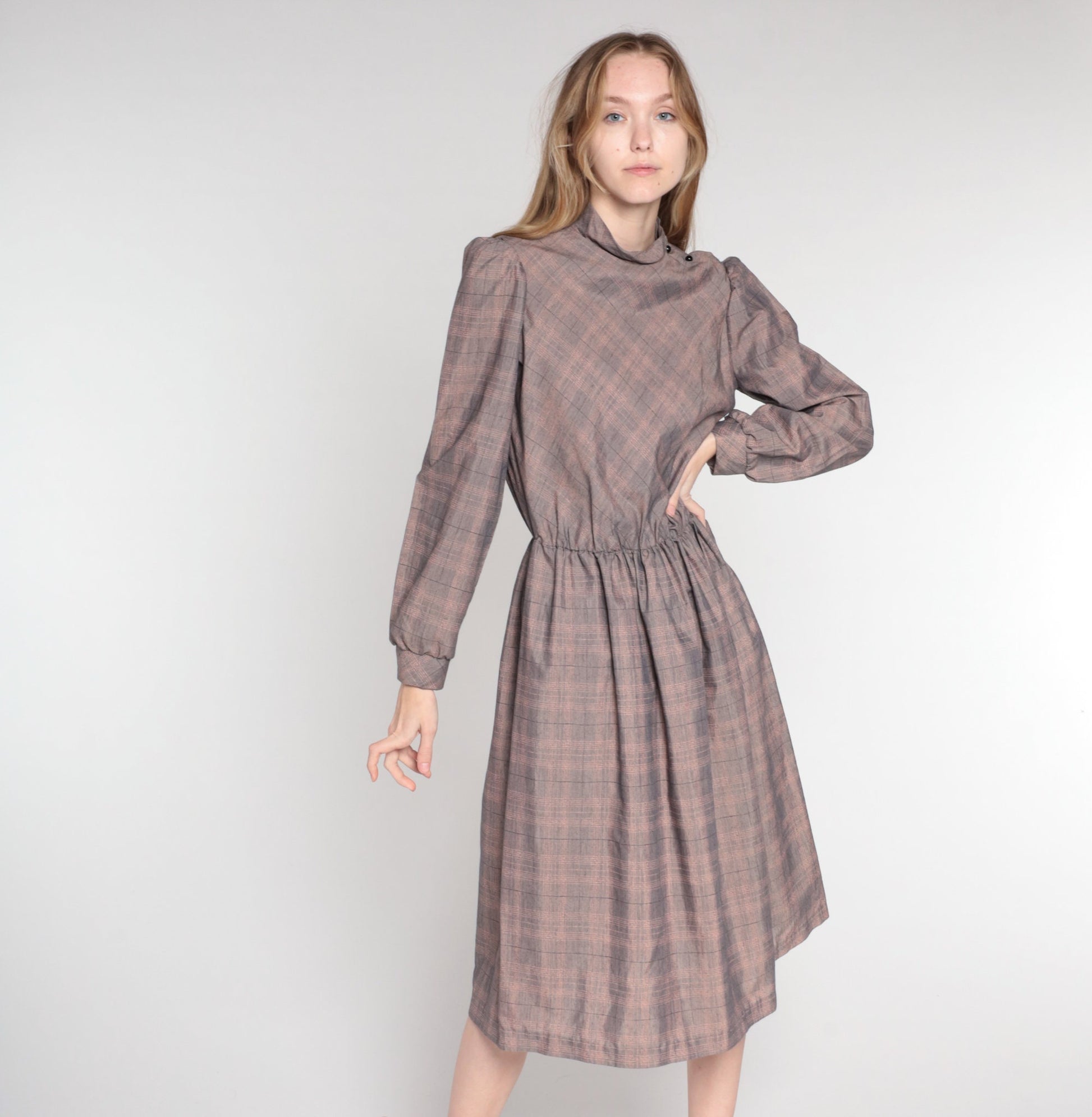80s Grey Plaid Midi Dress Mock Neck Long Sleeve High Waist Small Medium