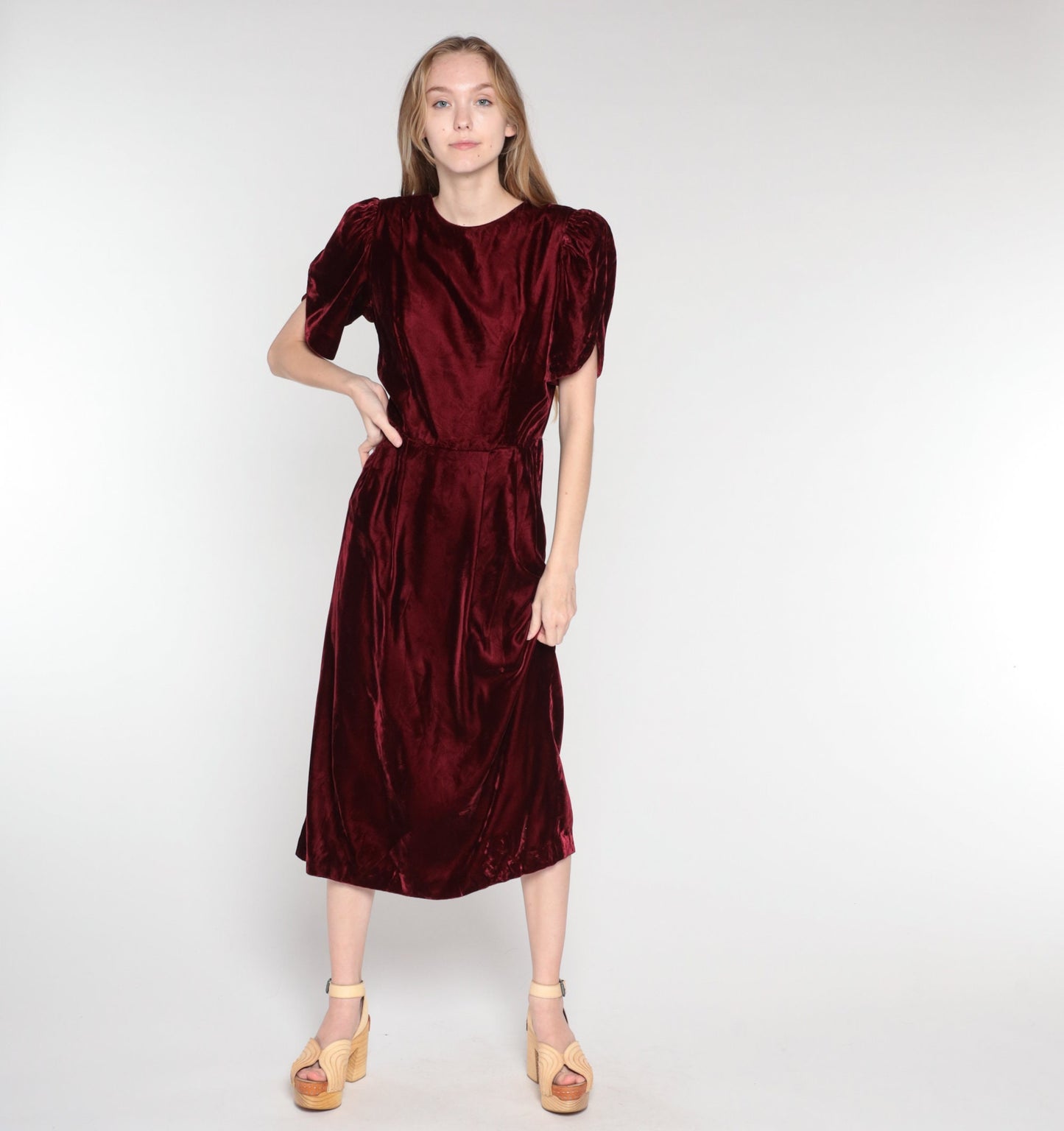 80s Lands End Burgundy Velvet Midi Dress Puff Sleeve Low Back Medium