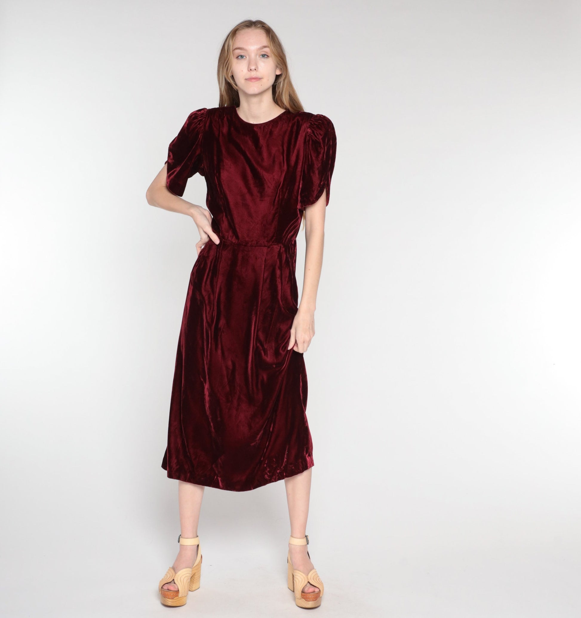 80s Lands End Burgundy Velvet Midi Dress Puff Sleeve Low Back Medium