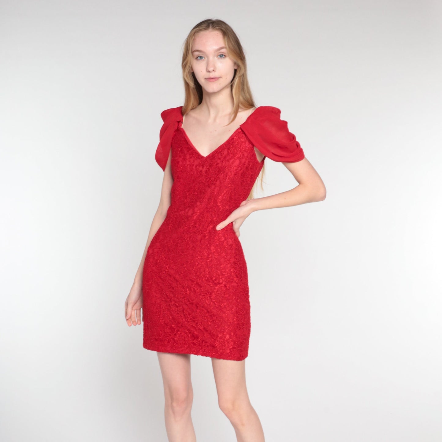 90s Red Lace Mini Dress Sheath Draped Sleeve Cocktail Extra Small