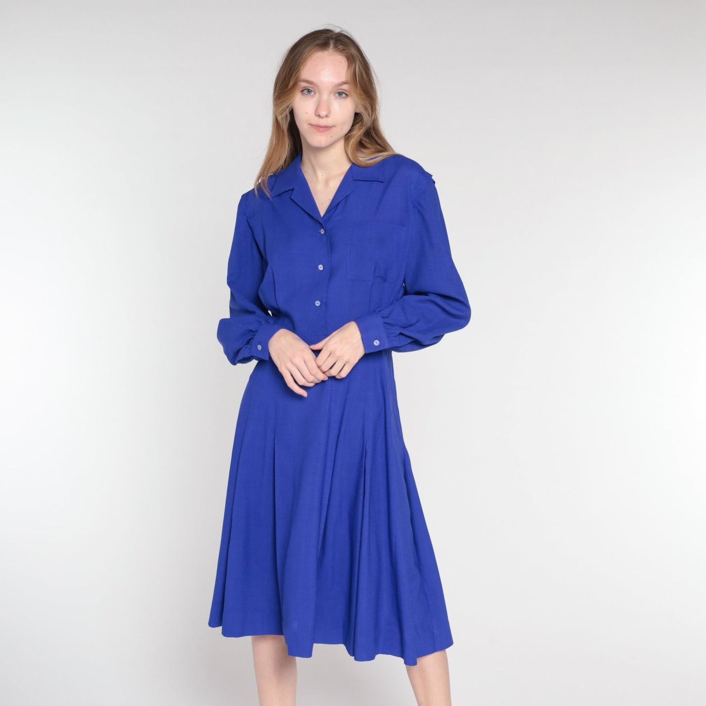 90s Deep Purple Button-Up Midi Dress High Waist Long Sleeve Medium M