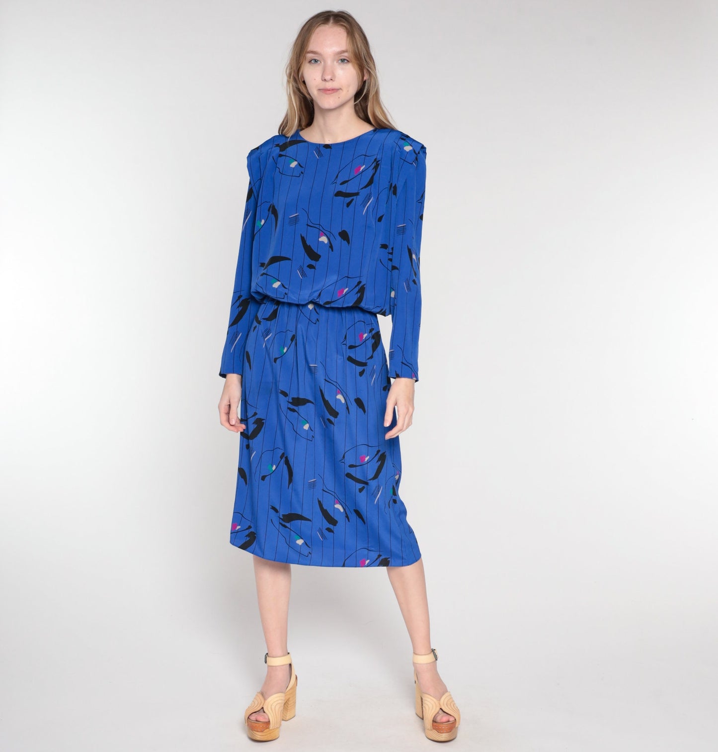 80s Blue Striped Abstract Blouson Midi Dress Long Sleeve Small