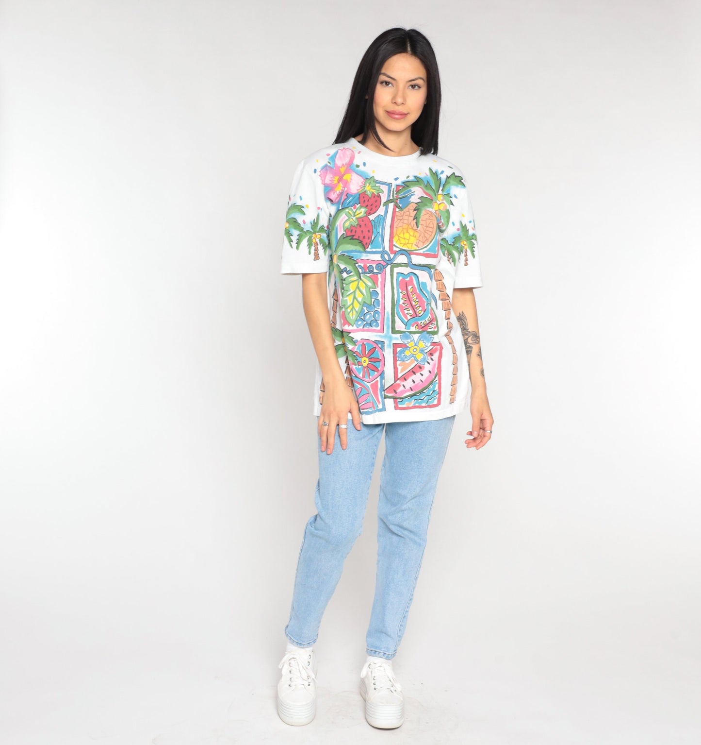 90s Tropical Fruit Palm Tree Graphic T-Shirt Cotton Single Stitch Medium Large