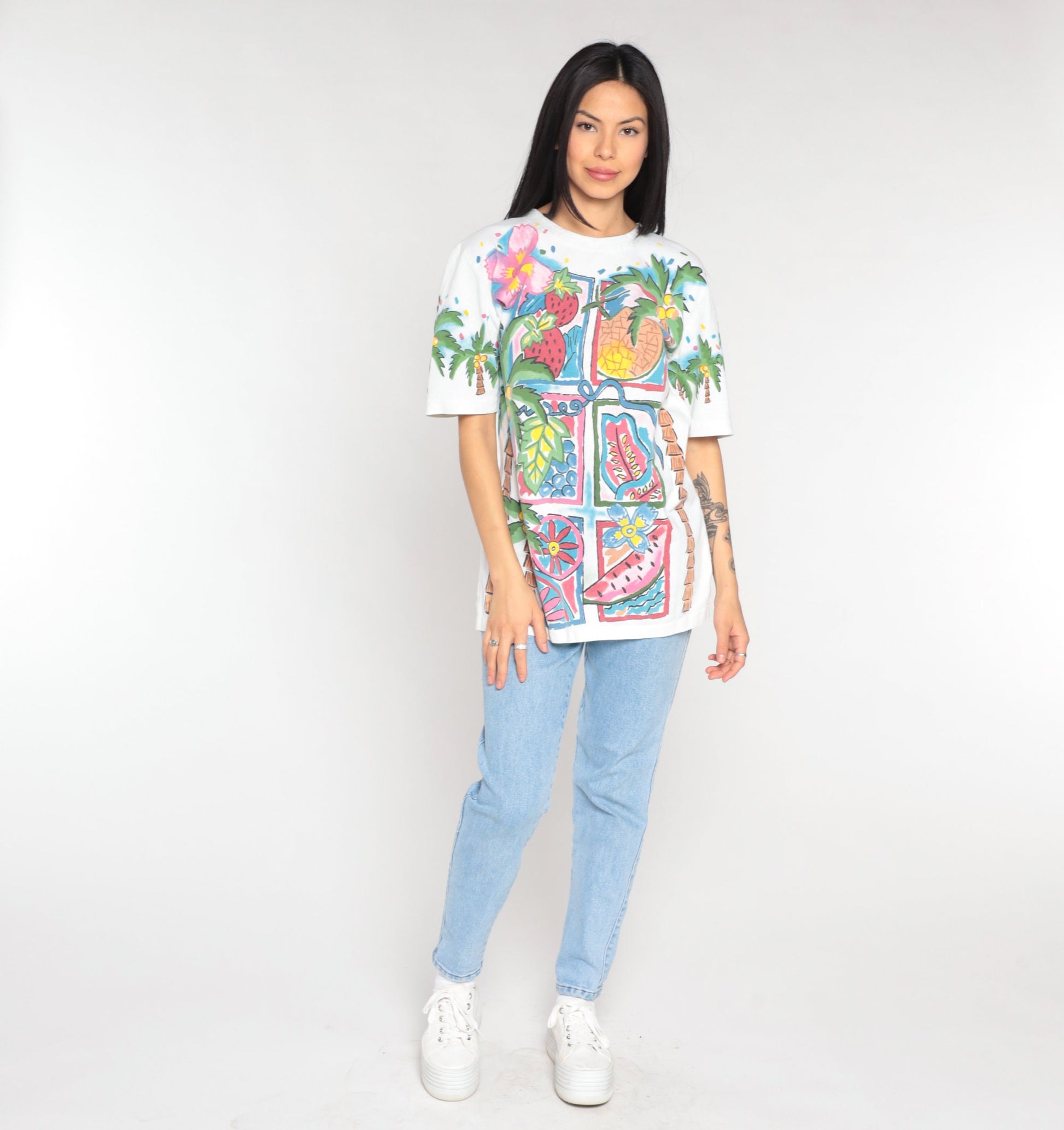 90s Tropical Fruit Palm Tree Graphic T-Shirt Cotton Single Stitch Medium Large