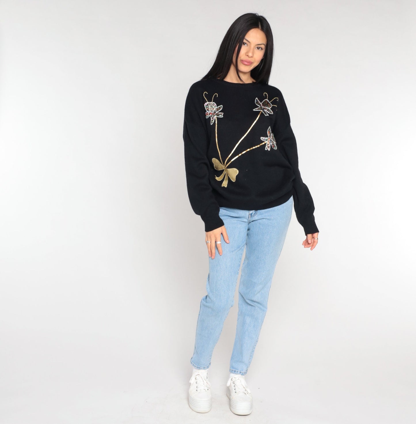 90s Metallic Floral Embellished Knit Sweater Black Gold Bow XL