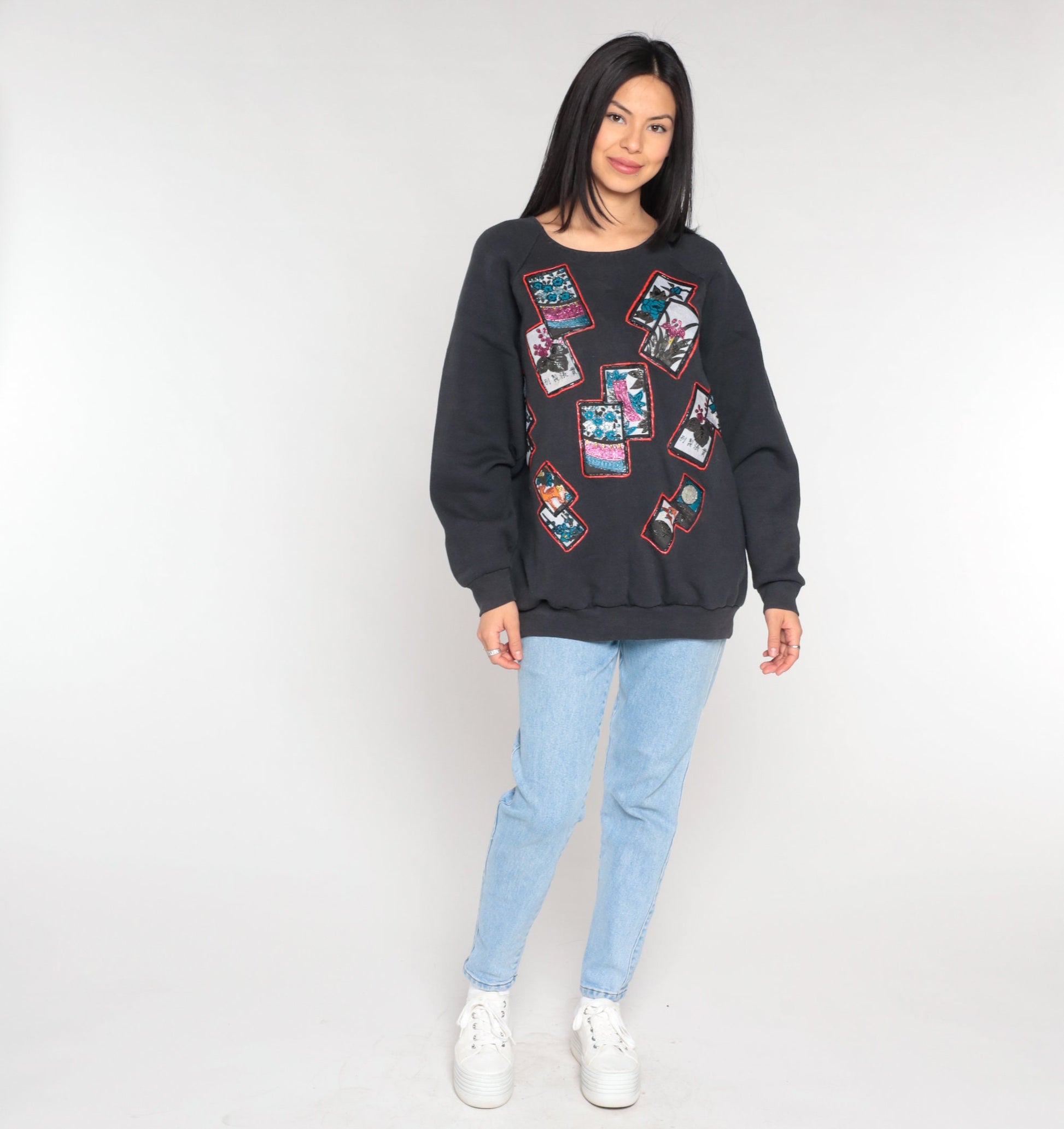 90s Glitter Floral Sweatshirt Black Asian Postcard Graphic Crewneck Extra Large XXL