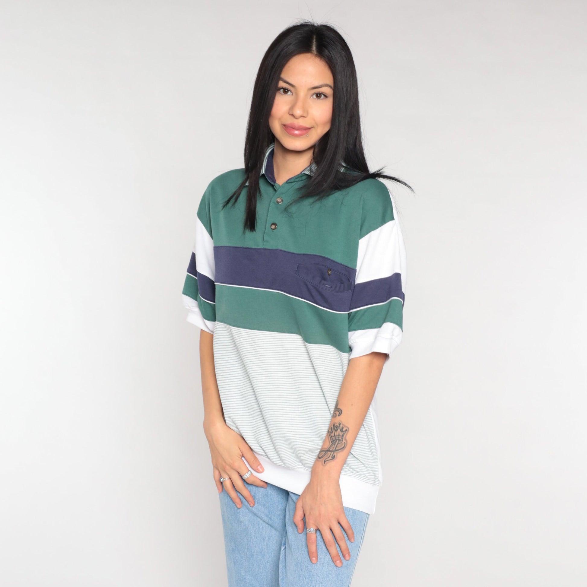 90s Striped Polo Shirt White Blue Green Banded Hem Collared Medium M
