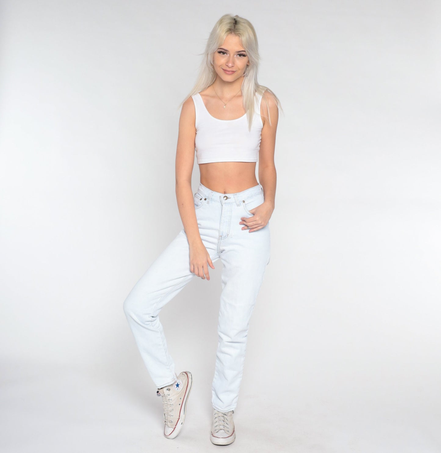 90s Light Wash Stone Denim High Waisted Slim Jeans Pale Blue Extra Small