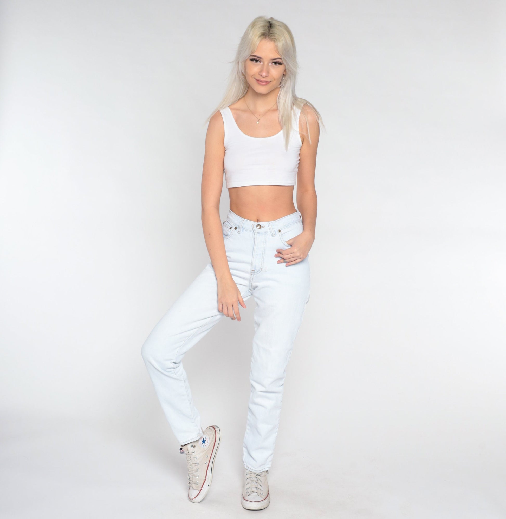 90s Light Wash Stone Denim High Waisted Slim Jeans Pale Blue Extra Small