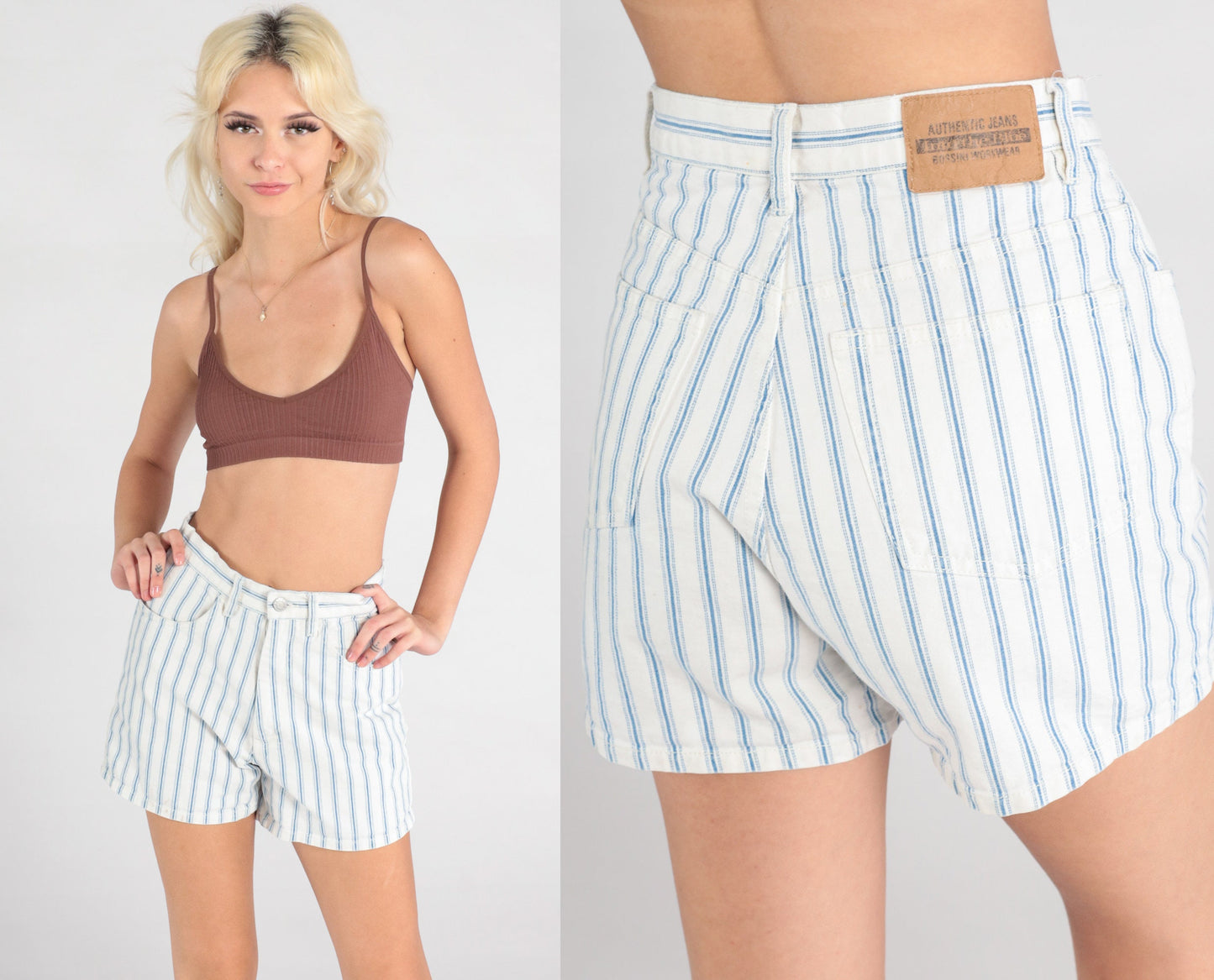 90s Bossini Striped Denim Shorts High Waisted White Blue Small S