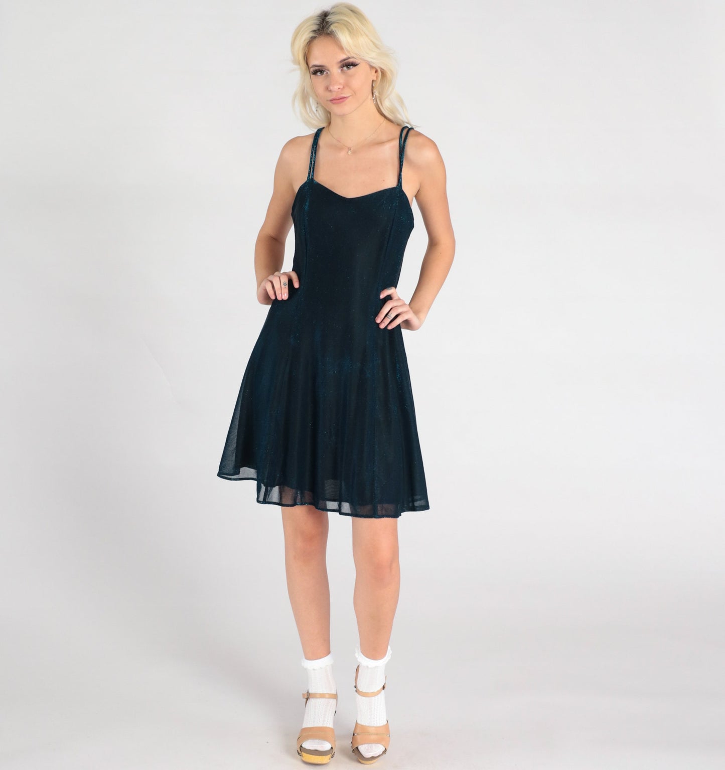 90s Metallic Blue Mini Dress Sweetheart Neckline Spaghetti Strap Small