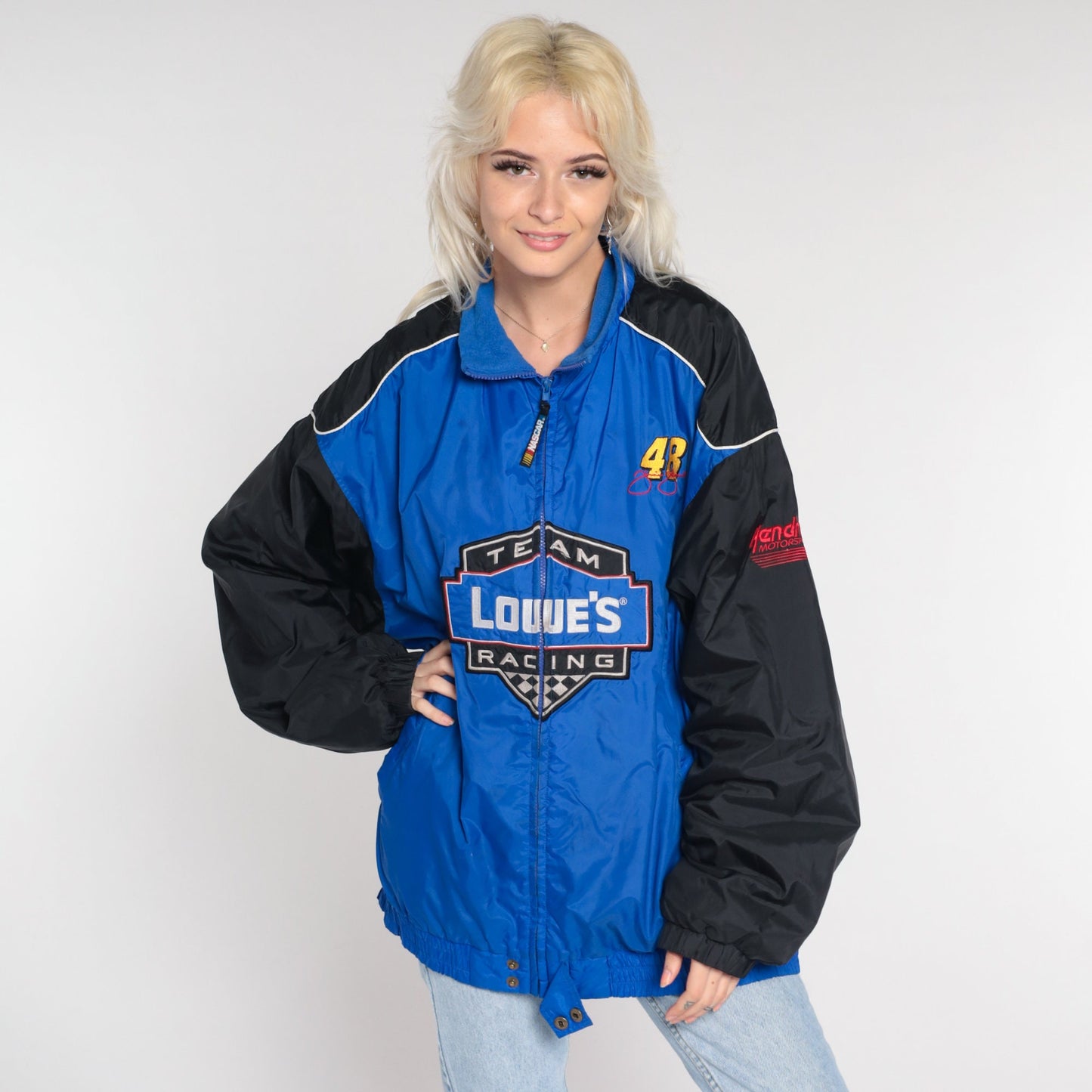 Y2K Lowes Racing Jacket Jimmie Johnson NASCAR Windbreaker Blue Black Extra Large