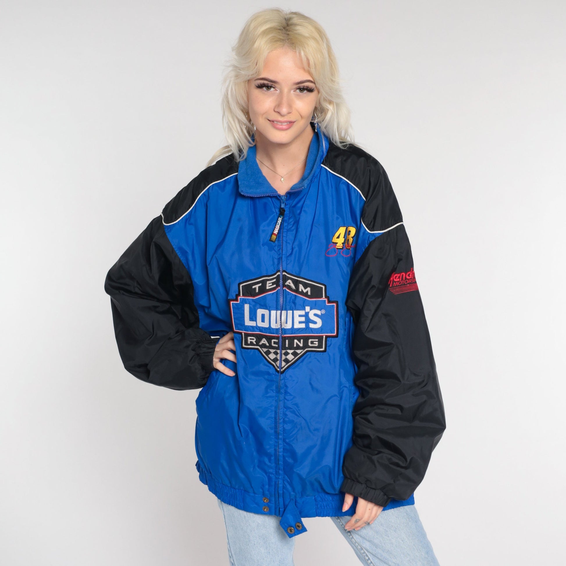 Y2K Lowes Racing Jacket Jimmie Johnson NASCAR Windbreaker Blue Black Extra Large