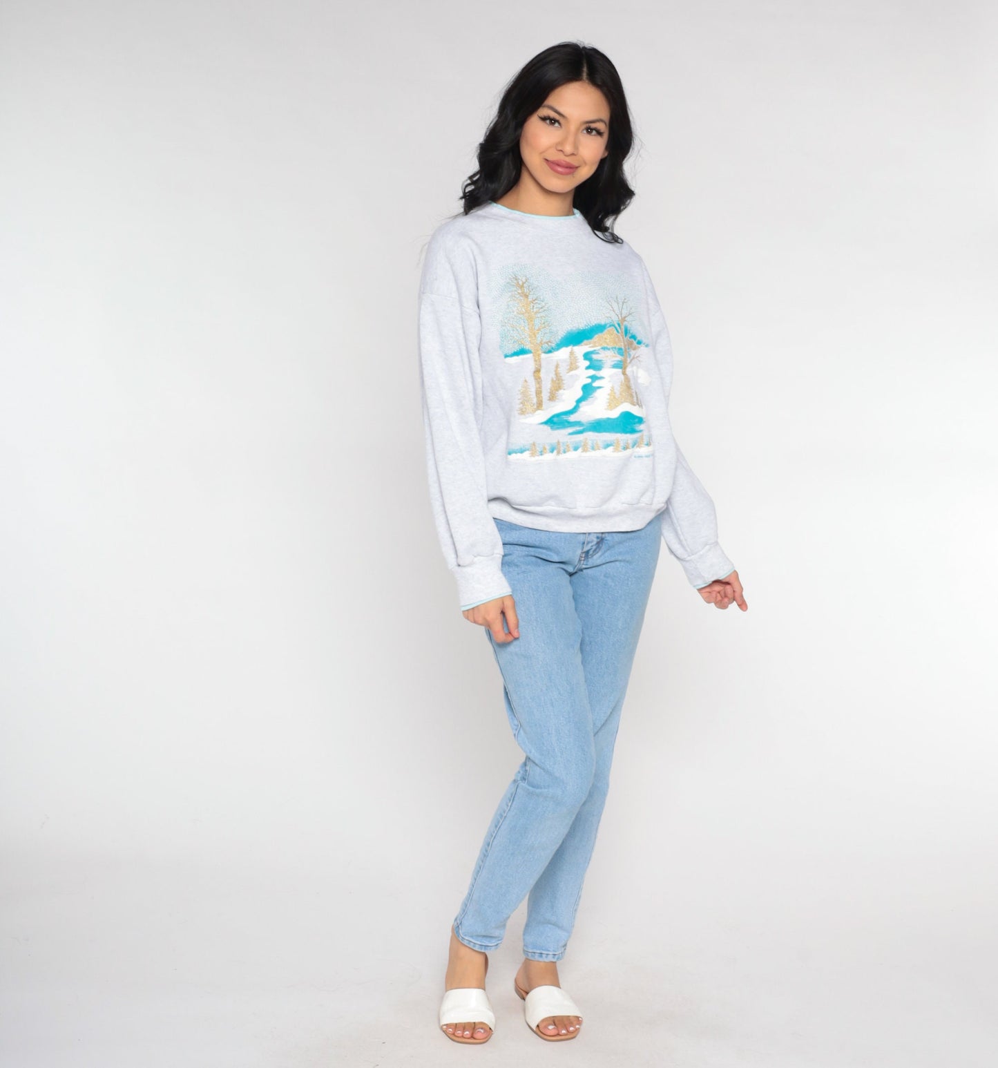 90s Winter Scene Sweatshirt Gold Glitter Trees Heather Grey Medium