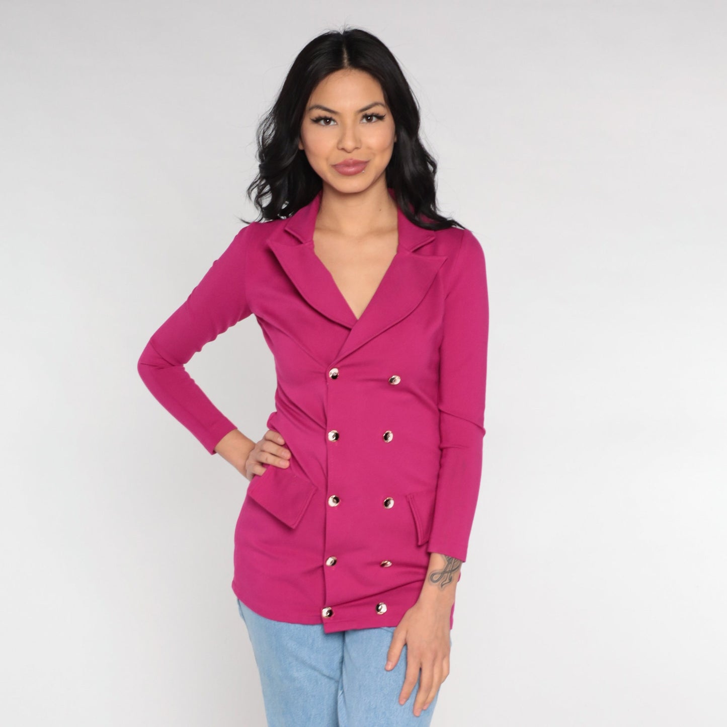 00s Magenta Double Breasted Blazer V Neck Fitted Jacket Extra Small