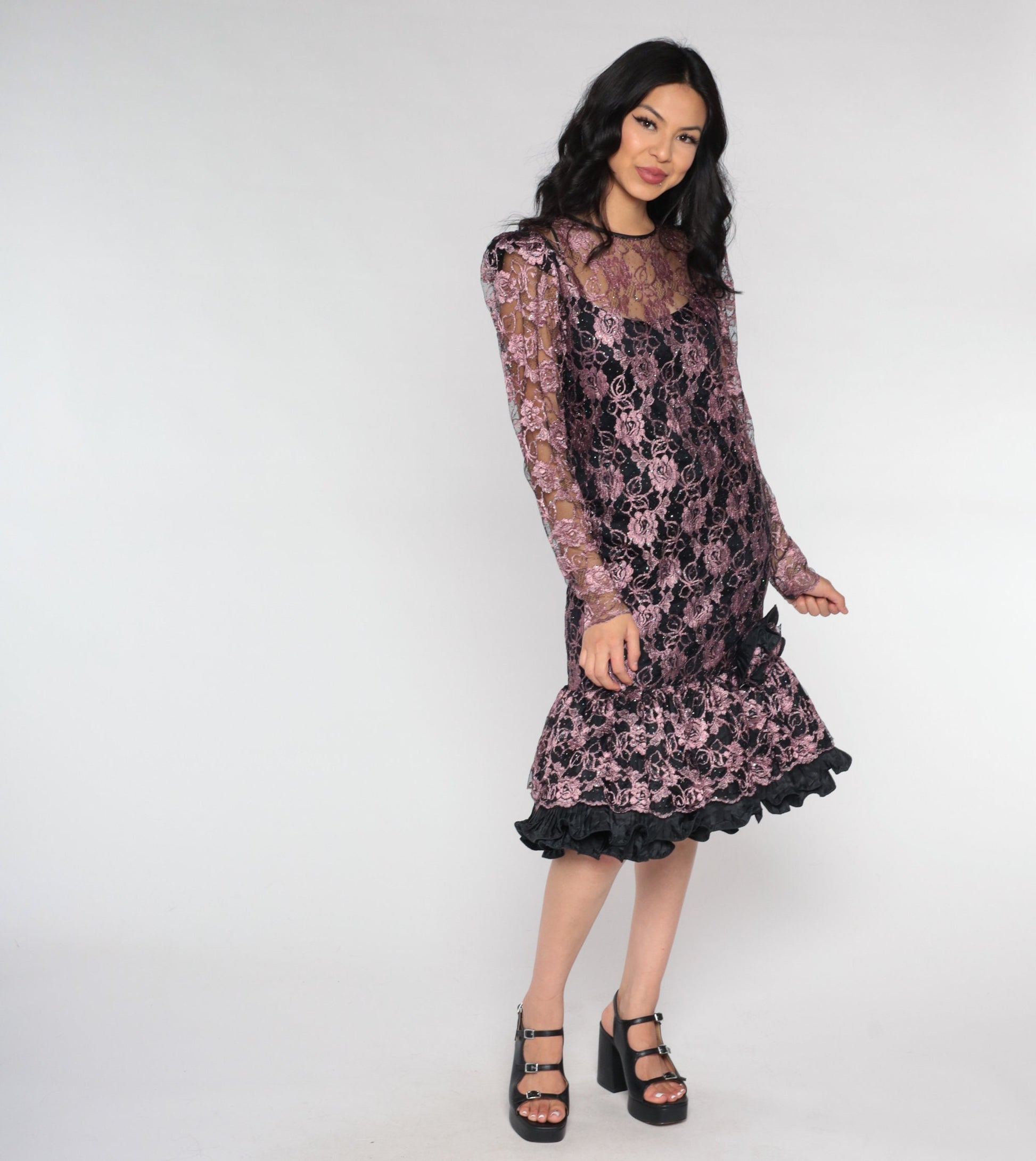 80s Cache Pink Lace Midi Dress Rhinestone Puff Sleeve Illusion Neckline Small