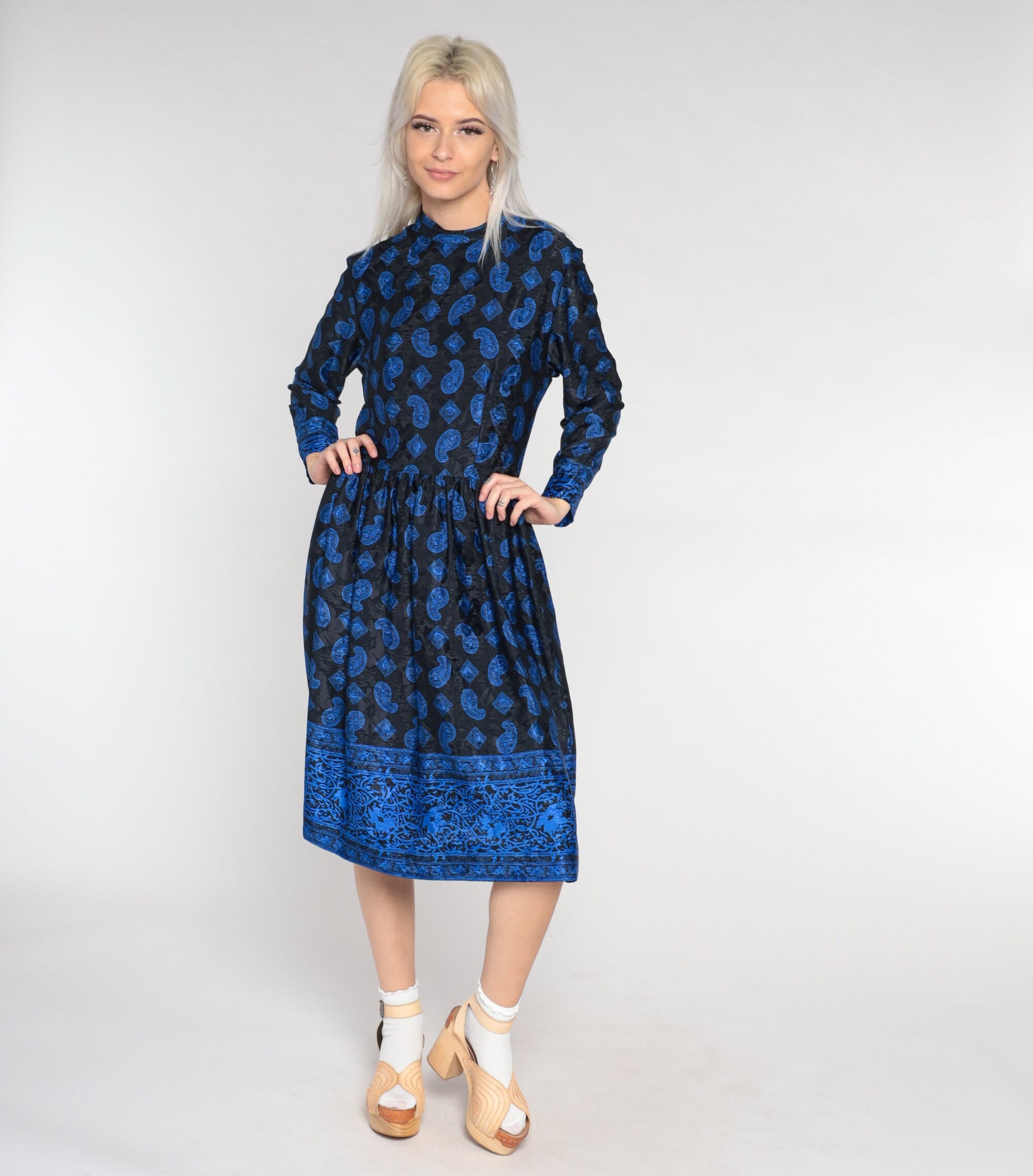 80s Black Blue Paisley Midi Dress Long Sleeve Mock Neck High Waisted Small