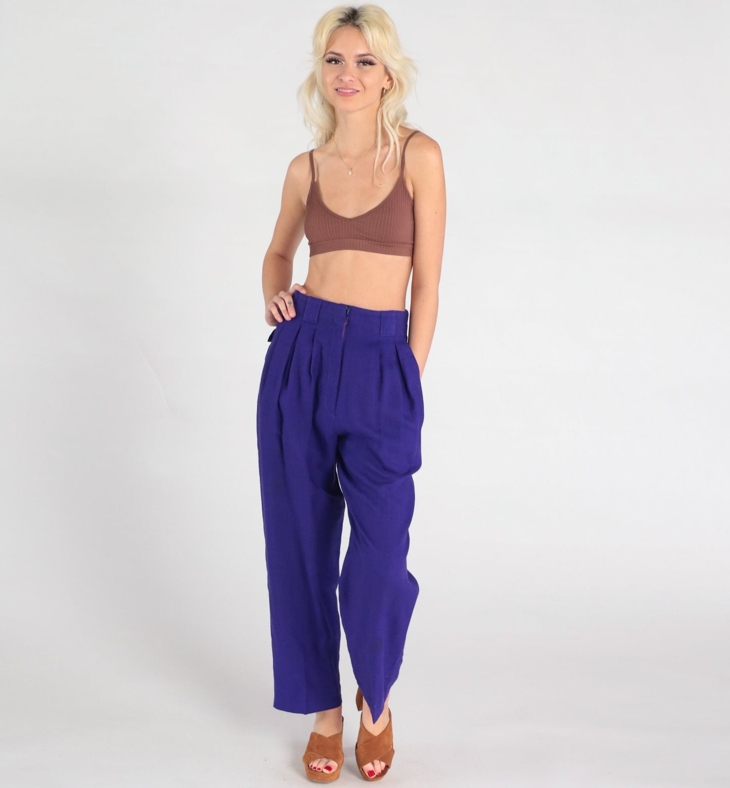 80s Purple Wool High-Waisted Pleated Trousers Straight Leg Small
