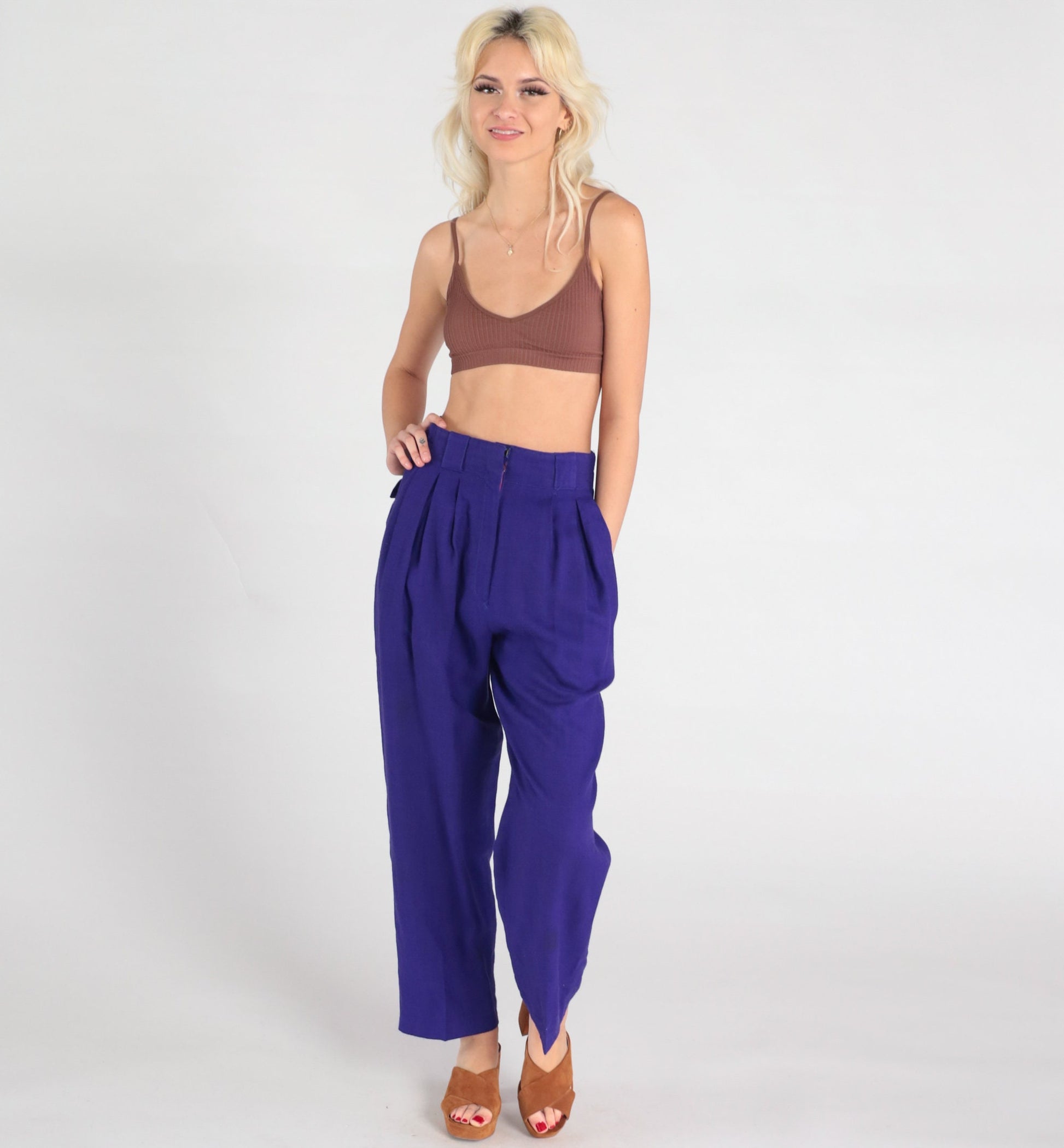 80s Purple Wool High-Waisted Pleated Trousers Straight Leg Small