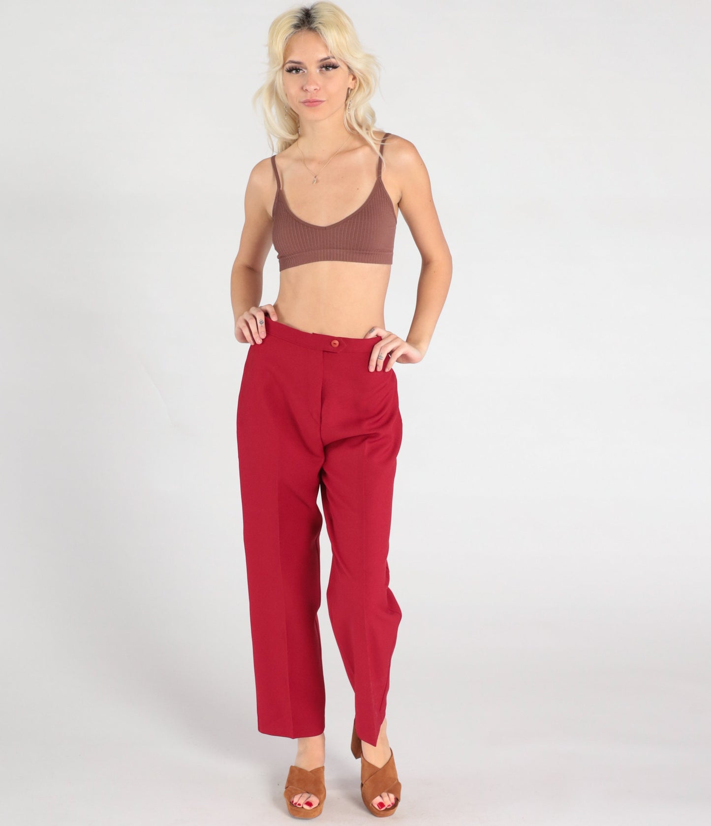 70s Red High-Waisted Tapered Trousers Small