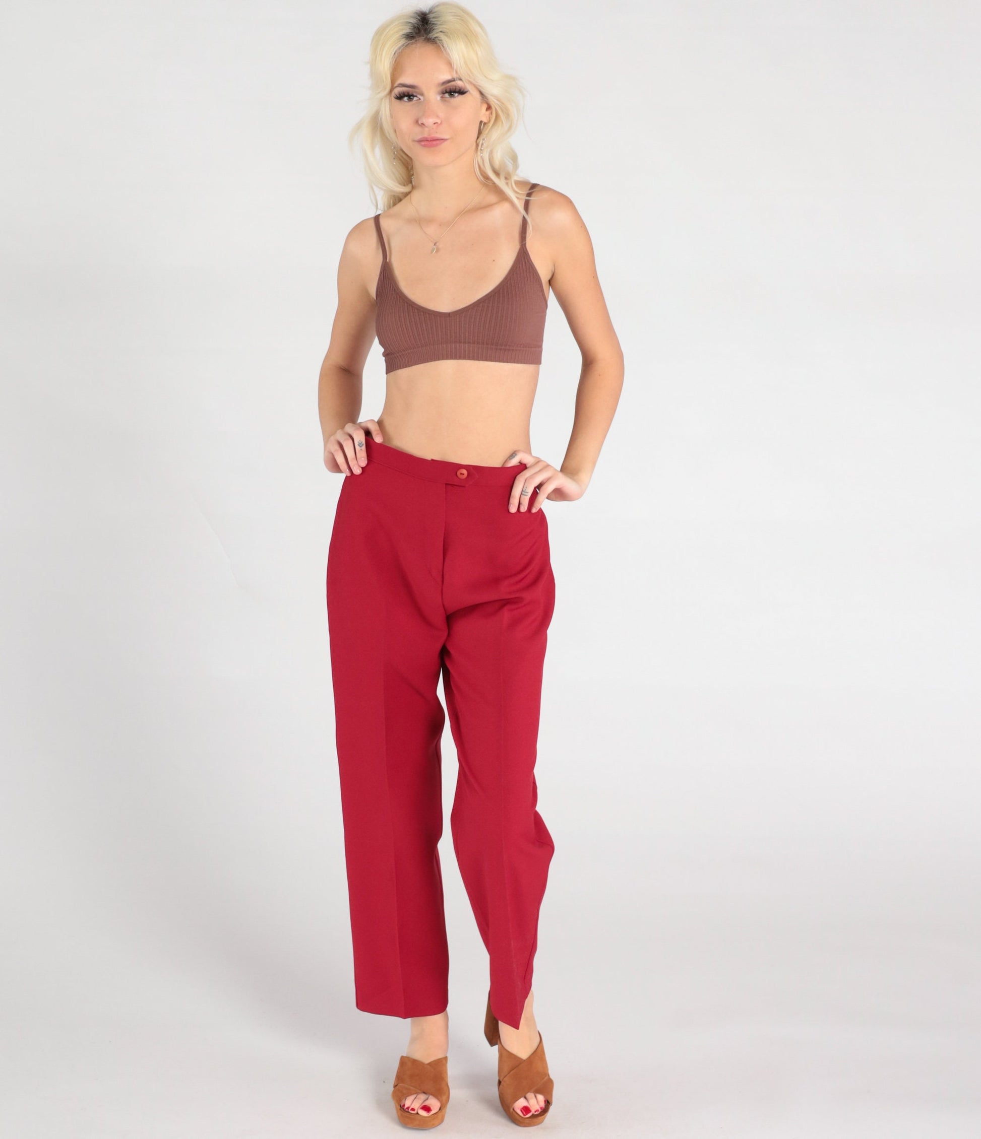 70s Red High-Waisted Tapered Trousers Small