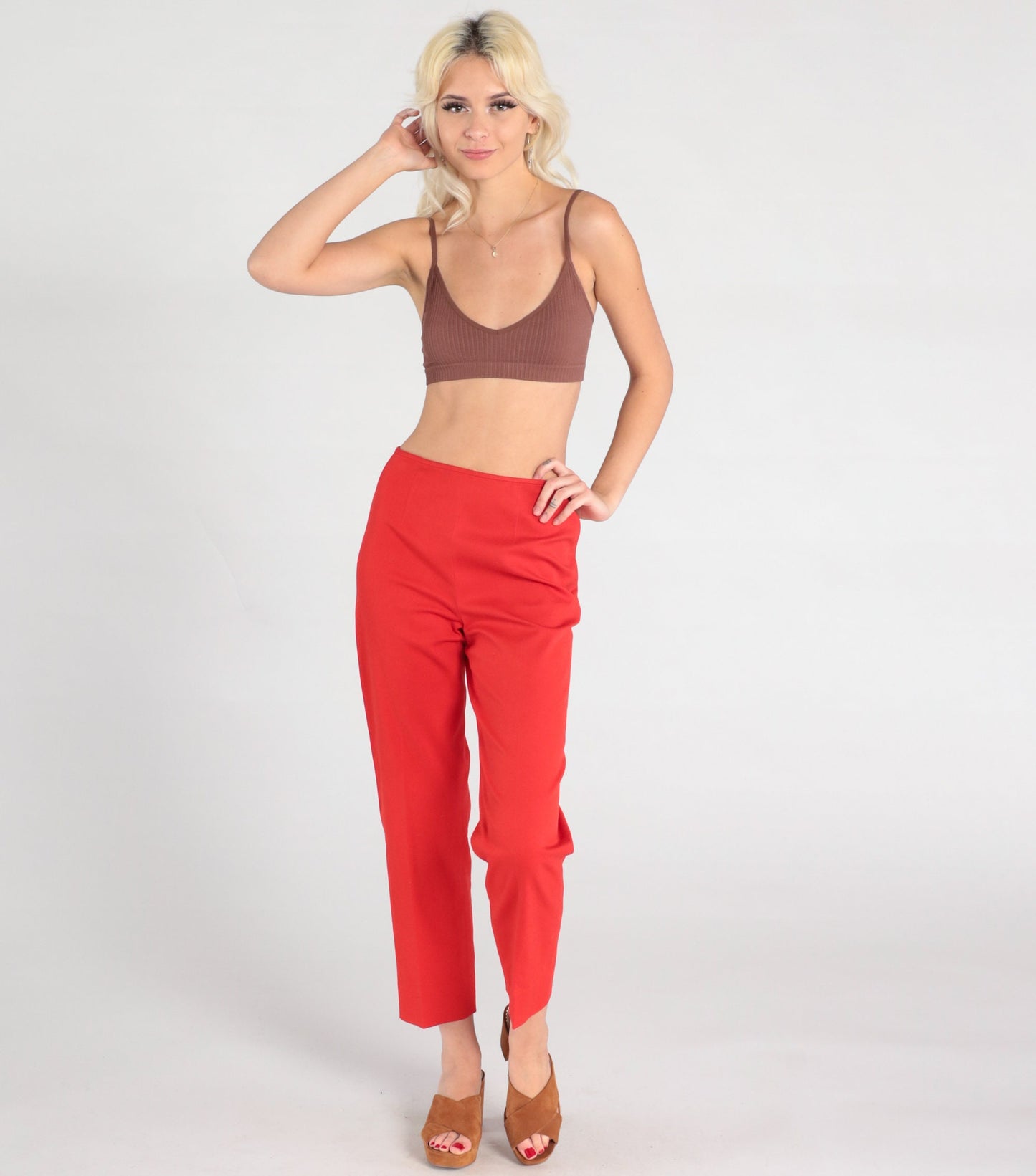 90s Red Slim Straight Ankle Trousers Mid Rise Side Zip Extra Small