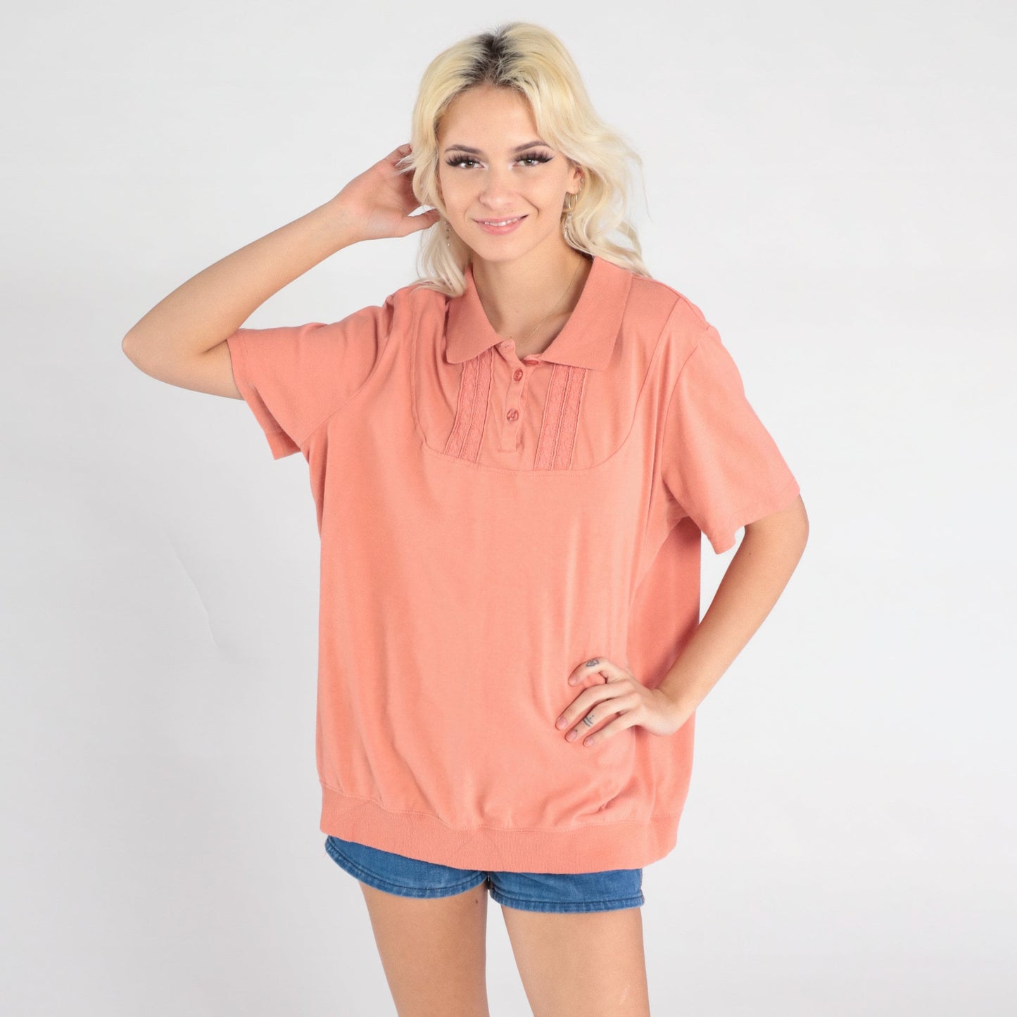 90s Salmon Pink Polo Shirt Lace Trim Quarter Button Collared Extra Large