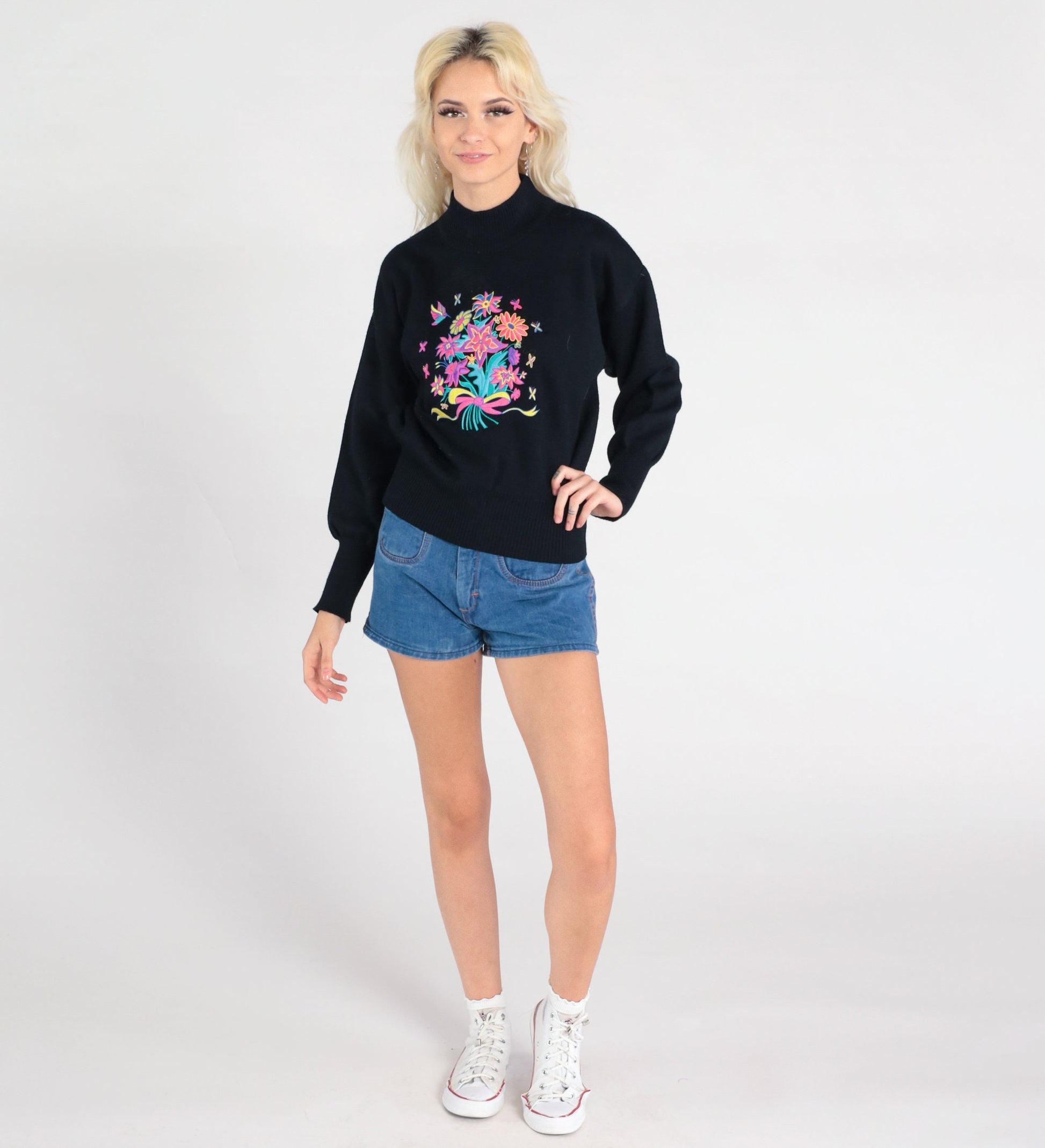 80s Meister Wool Embroidered Floral Mock Neck Sweater Black Small
