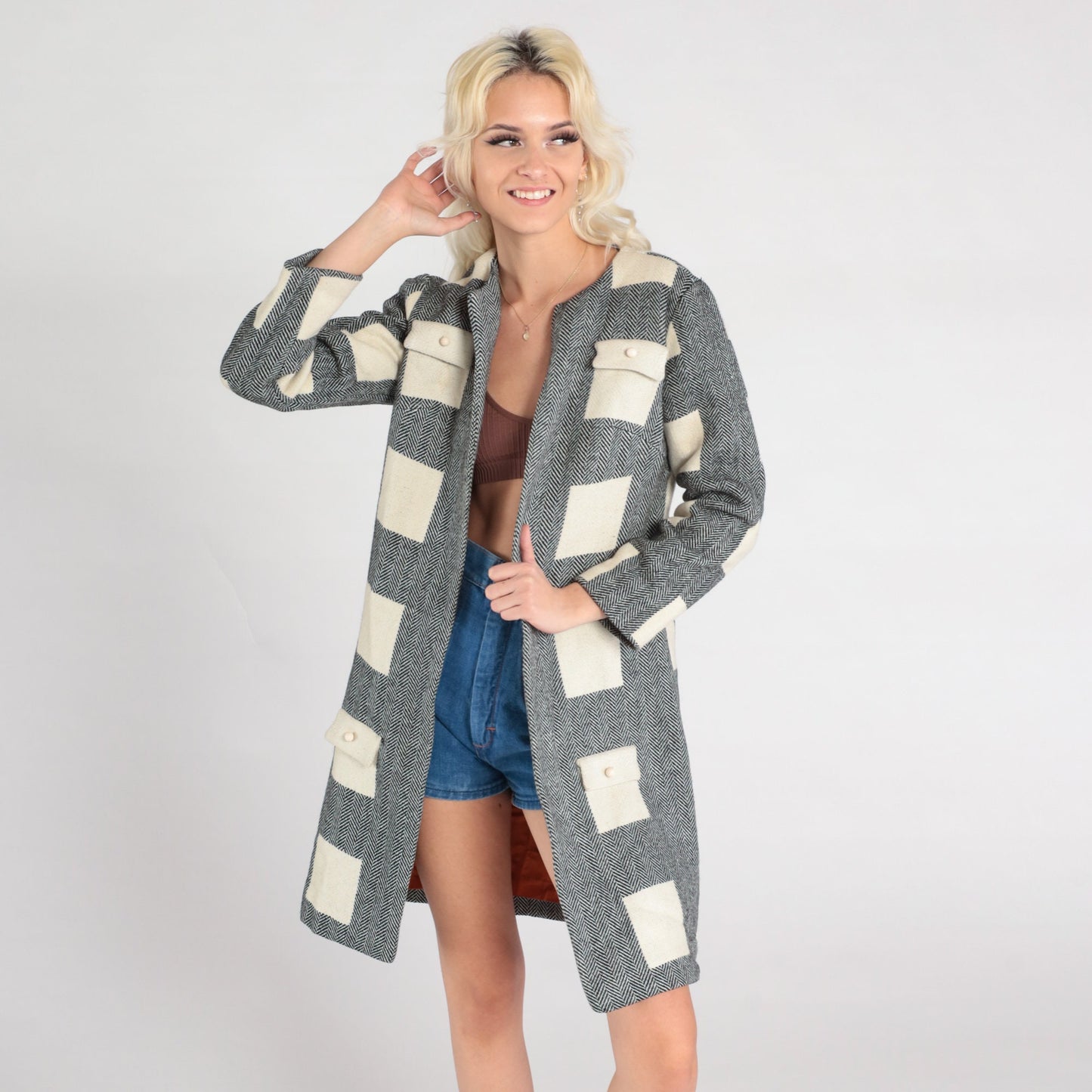 60s Wool Herringbone Mod Jacket Black White Open Front Extra Small