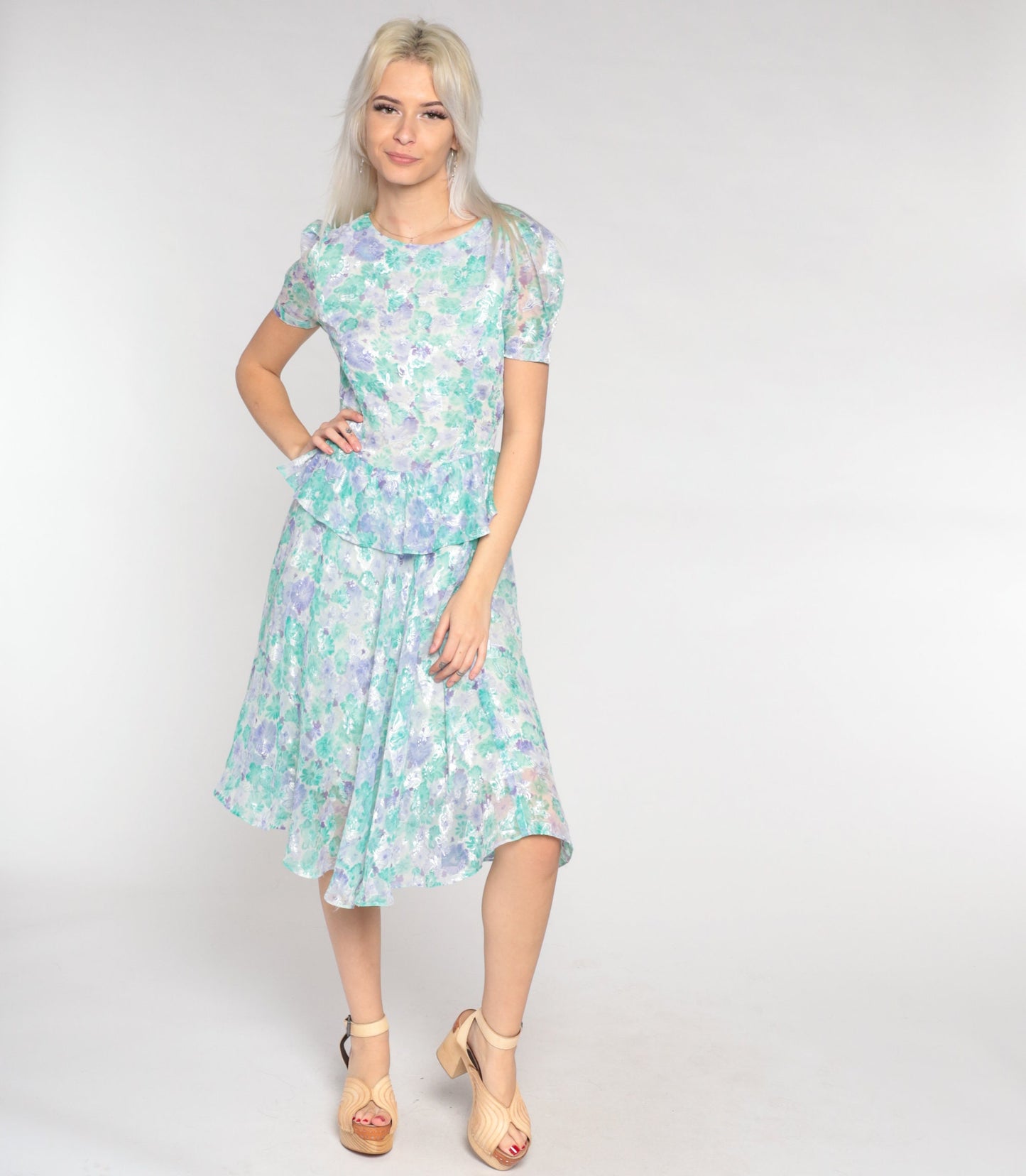 80s Floral Peplum Dress Puff Sleeve Knee-Length White Purple Green Small