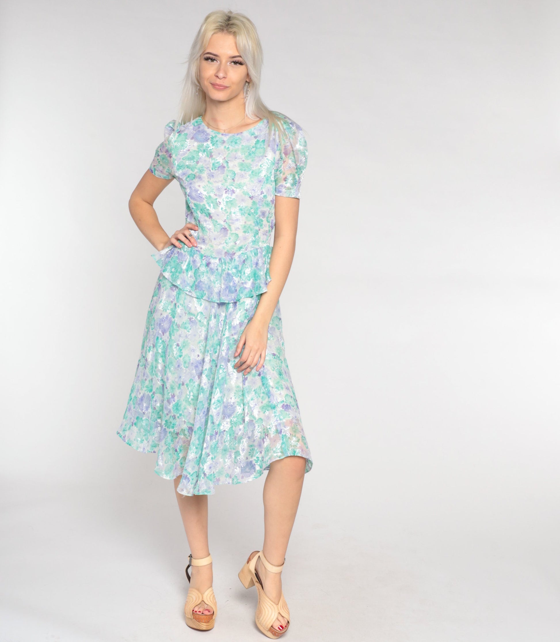 80s Floral Peplum Dress Puff Sleeve Knee-Length White Purple Green Small