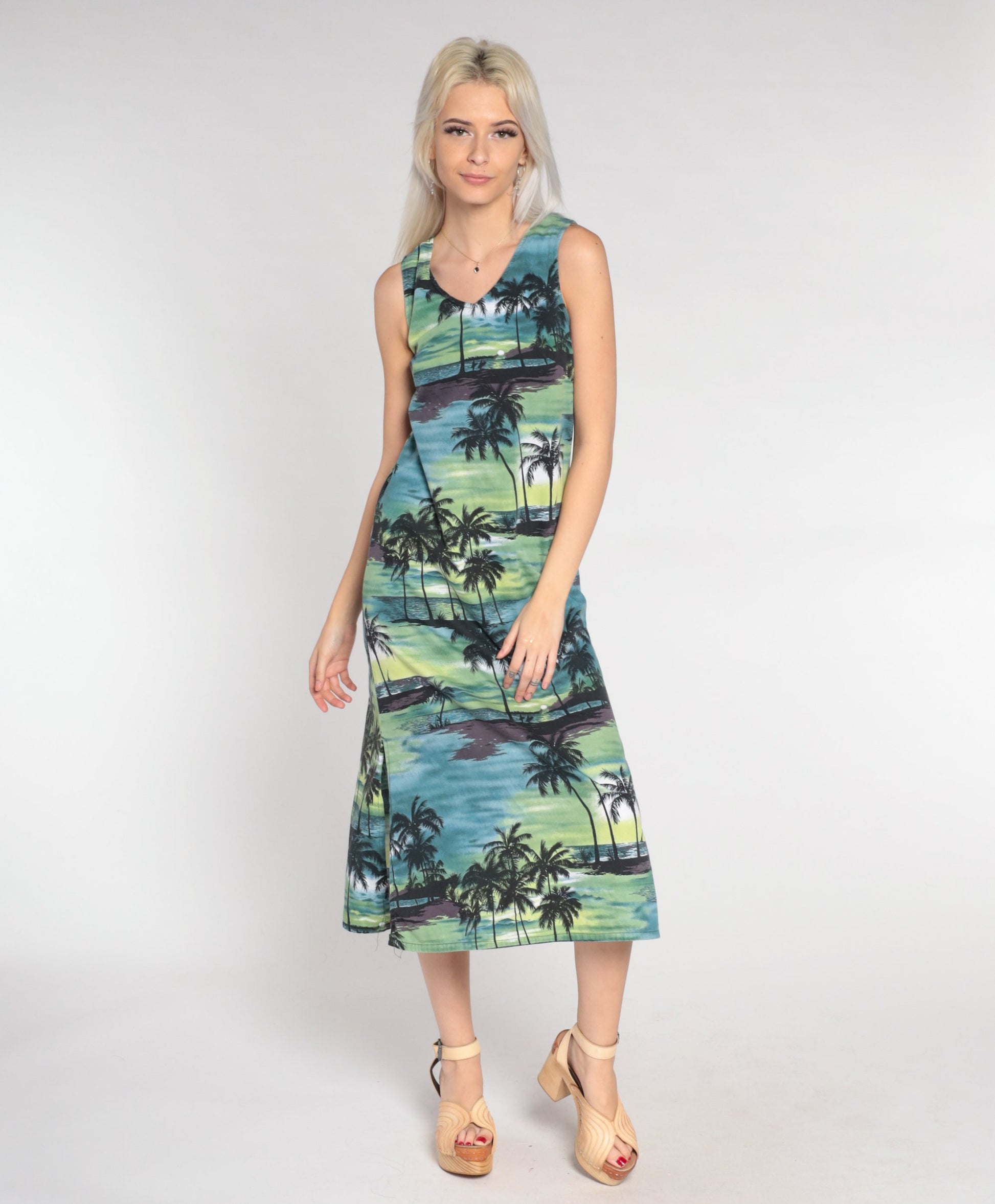 90s Tropical Palm Tree Midi Dress Blue Green Sleeveless Cotton Extra Small