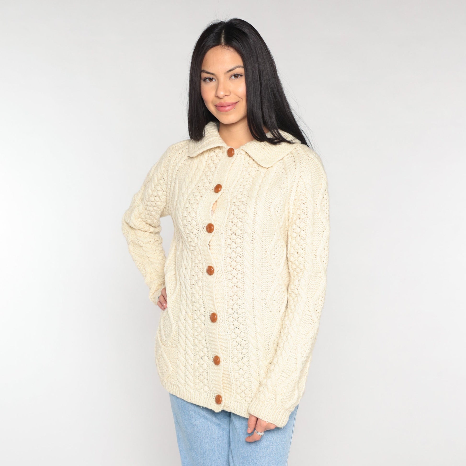 90s Cream Cable Knit Cardigan Button-Up Collared Sweater Small S