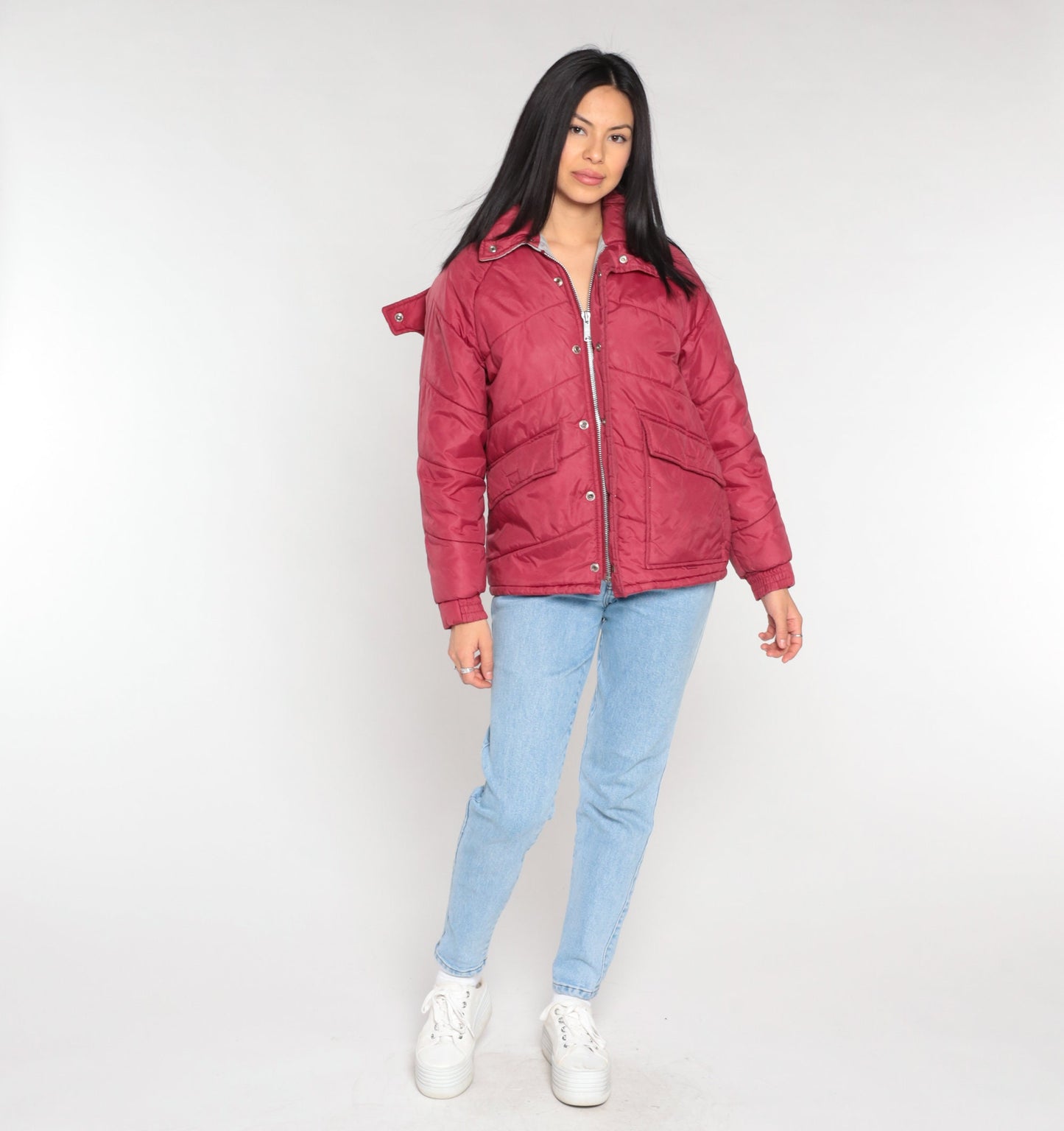 80s Red Puffer Ski Jacket Detachable Hood Nylon Puffy Coat Small
