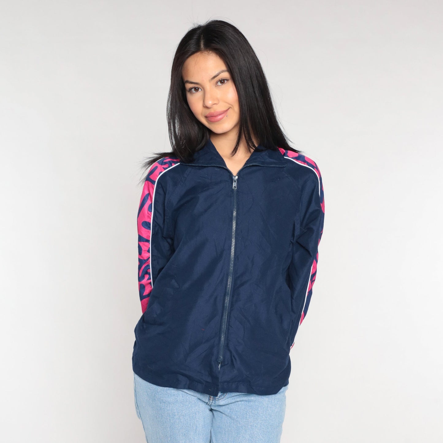 00s Navy Windbreaker Jacket Pink Abstract Print Zip-Up Extra Small
